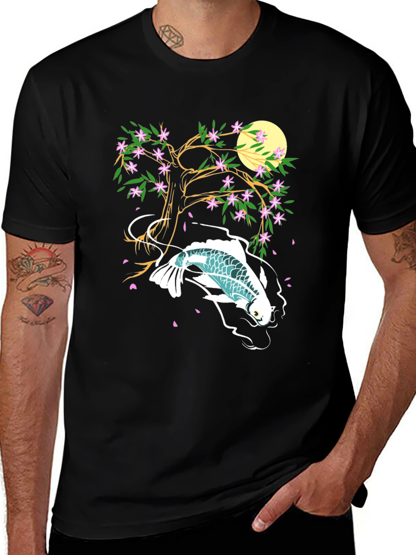 Koi Fish Cherry Blossom Graphic Tee - Unique Design