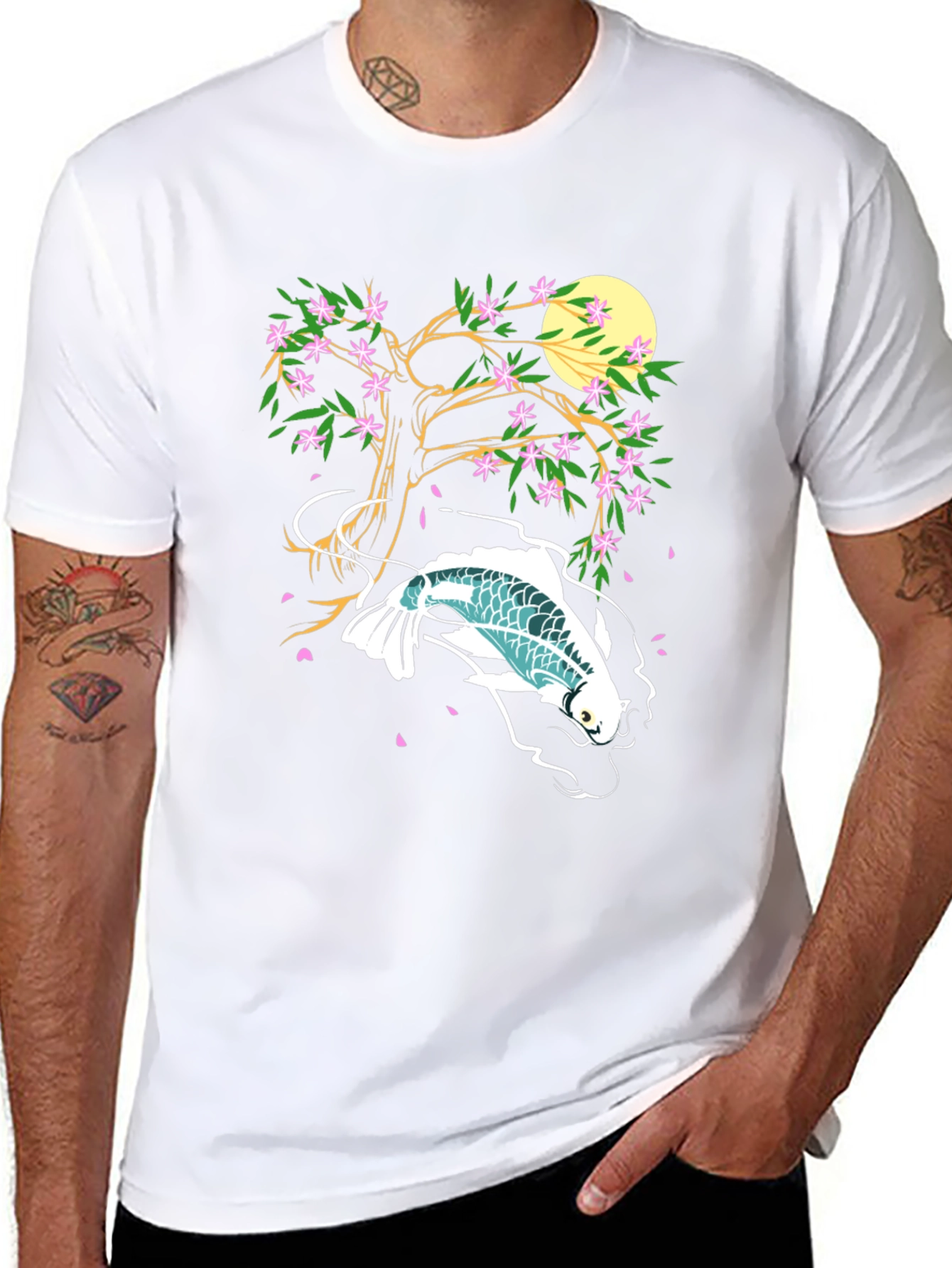 Koi Fish Cherry Blossom Graphic Tee - Unique Design