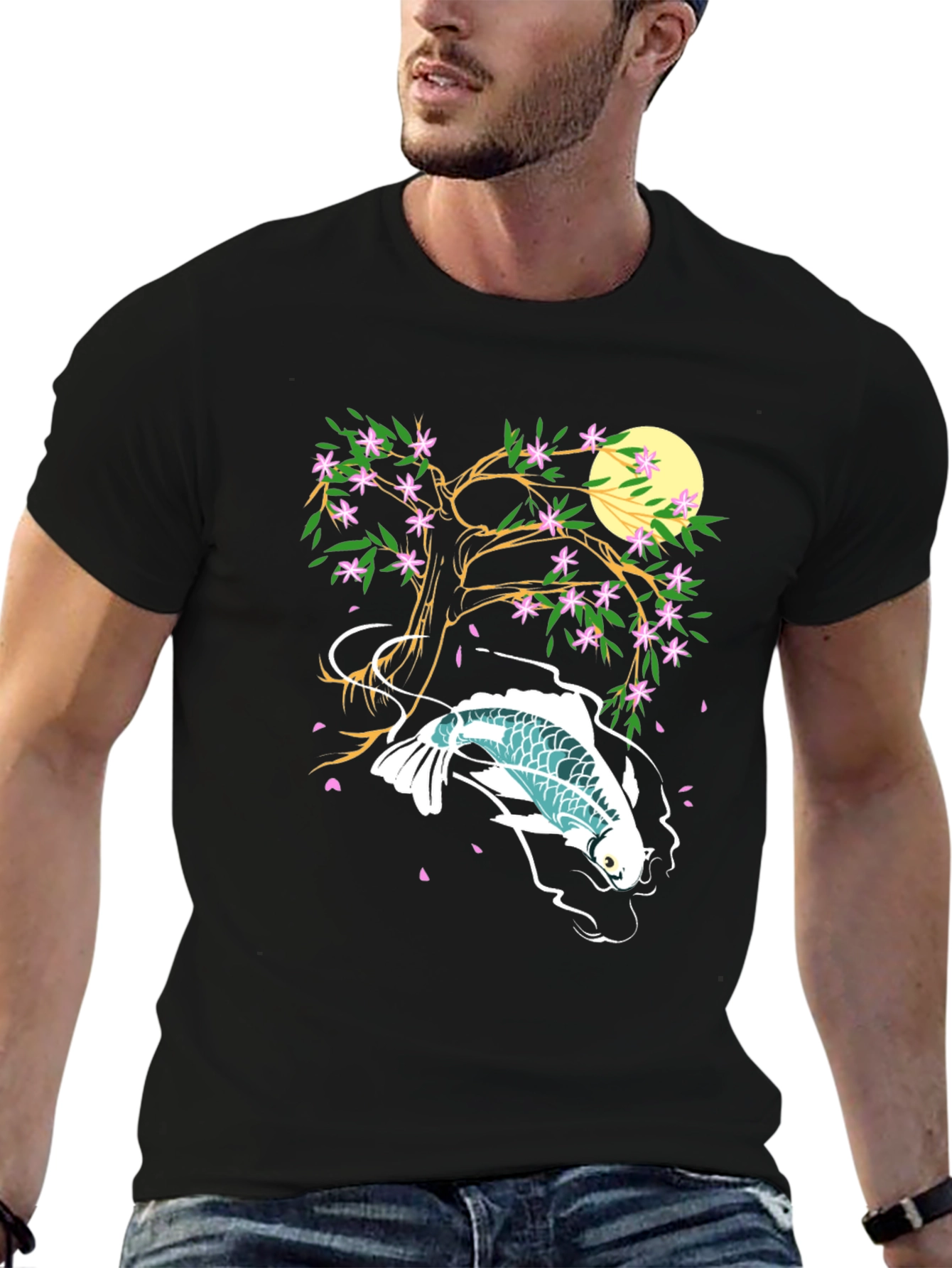Koi Fish Cherry Blossom Graphic Tee - Unique Design