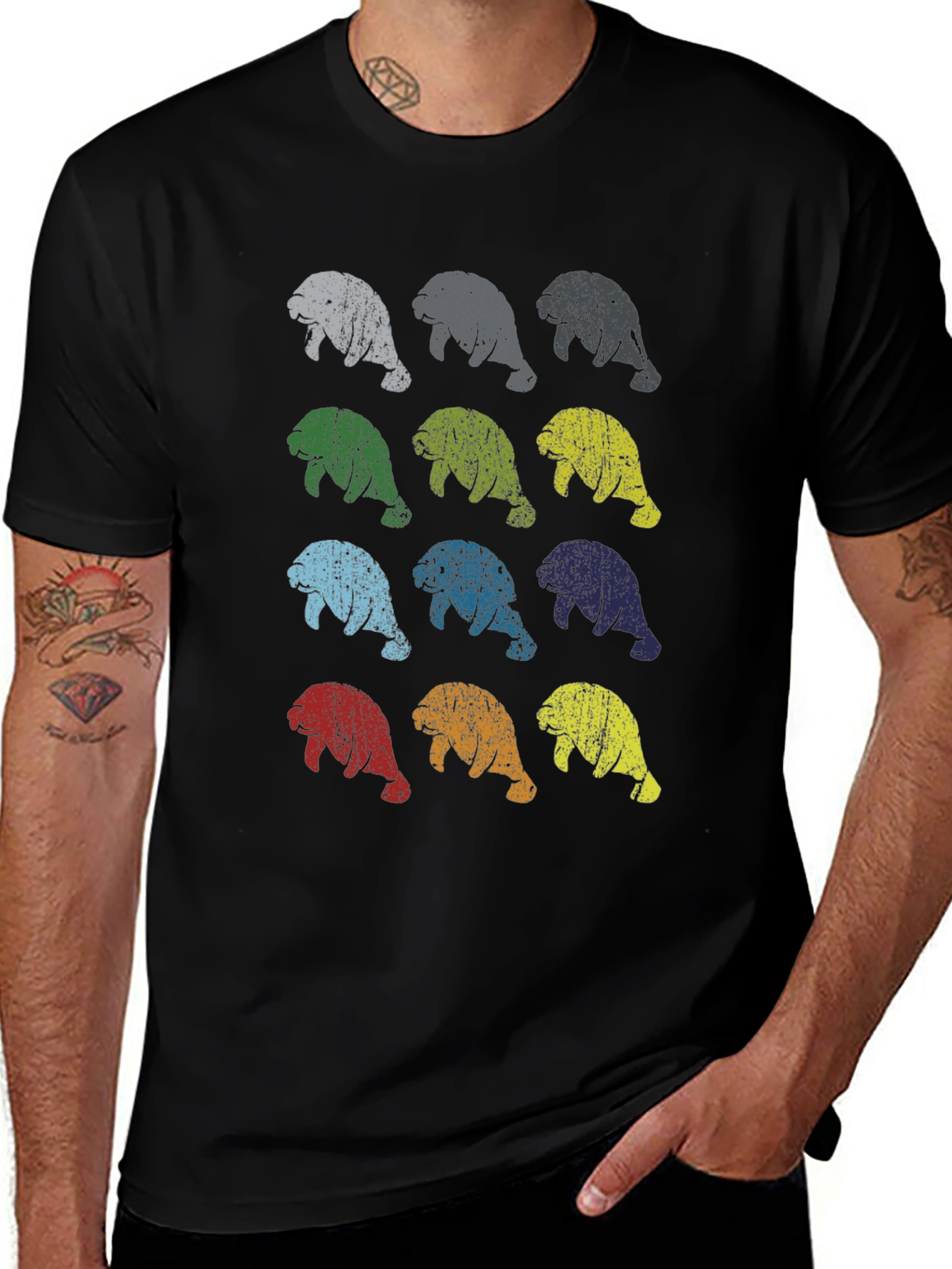 Retro Manatee Print Crew Neck T-Shirt