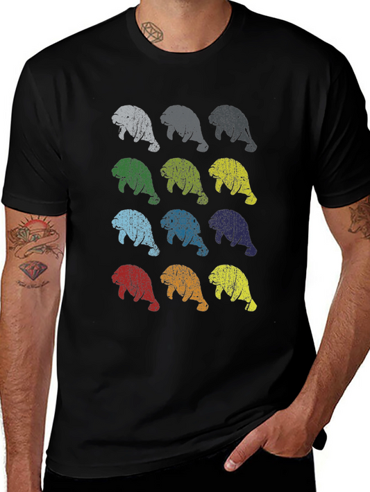 Retro Manatee Print Crew Neck T-Shirt