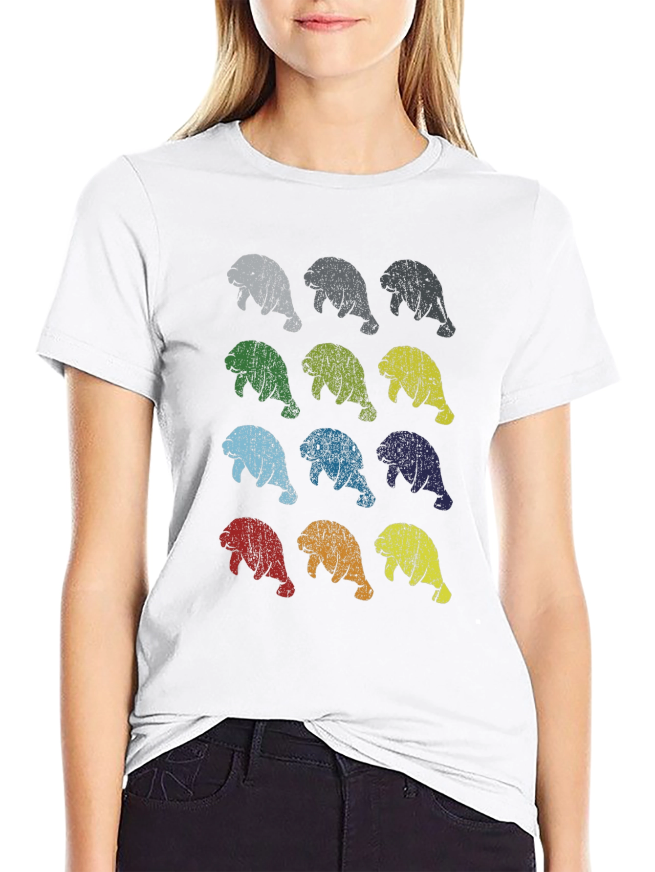 Retro Manatee Print Crew Neck T-Shirt