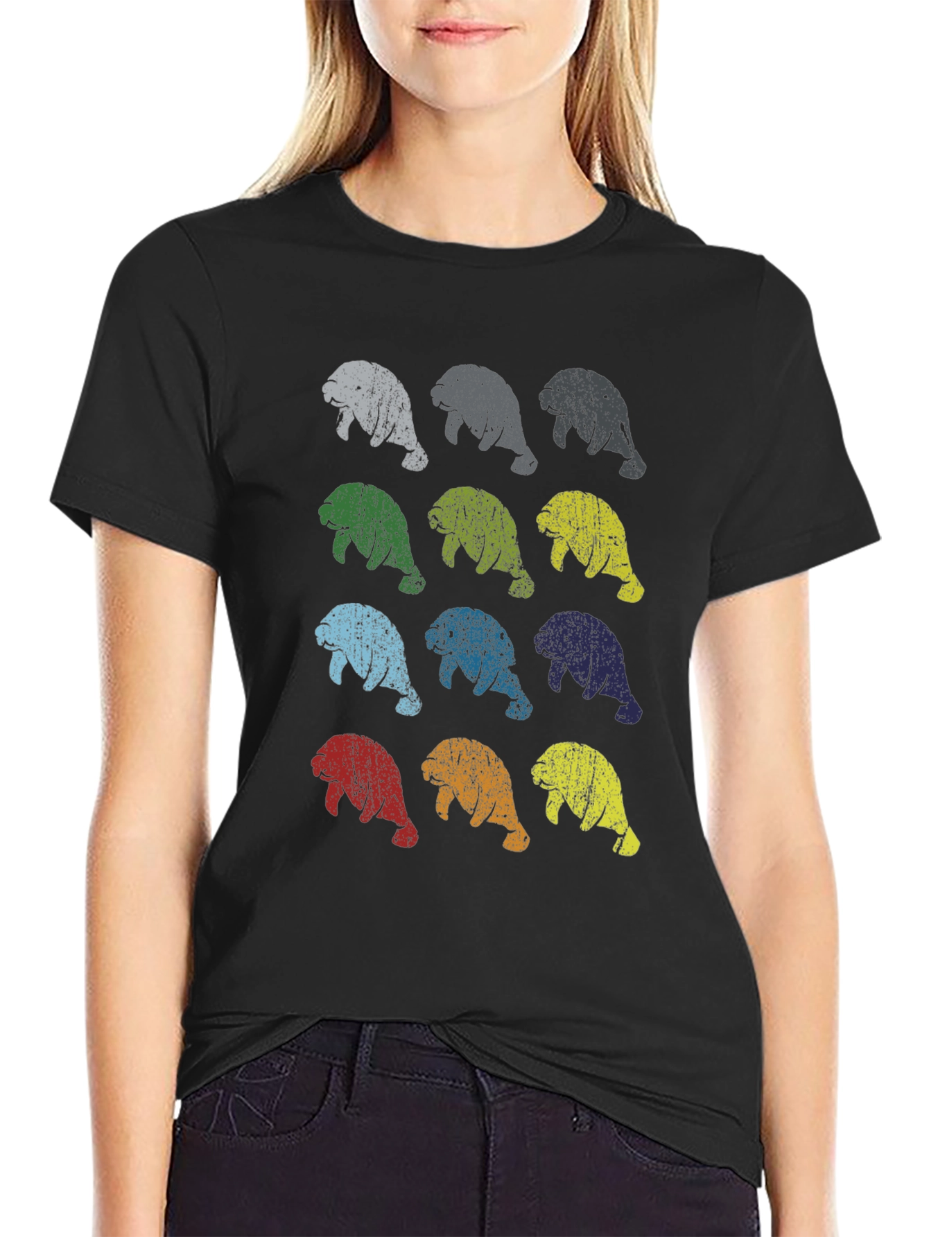 Retro Manatee Print Crew Neck T-Shirt