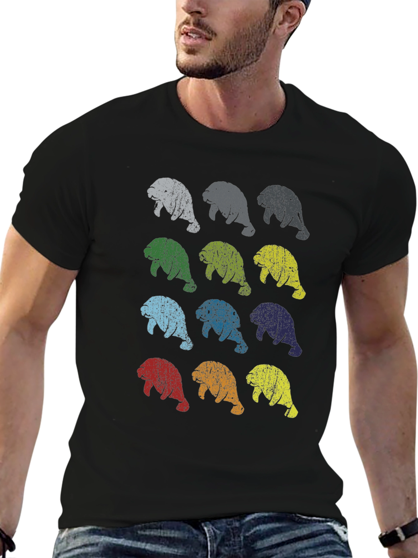 Retro Manatee Print Crew Neck T-Shirt
