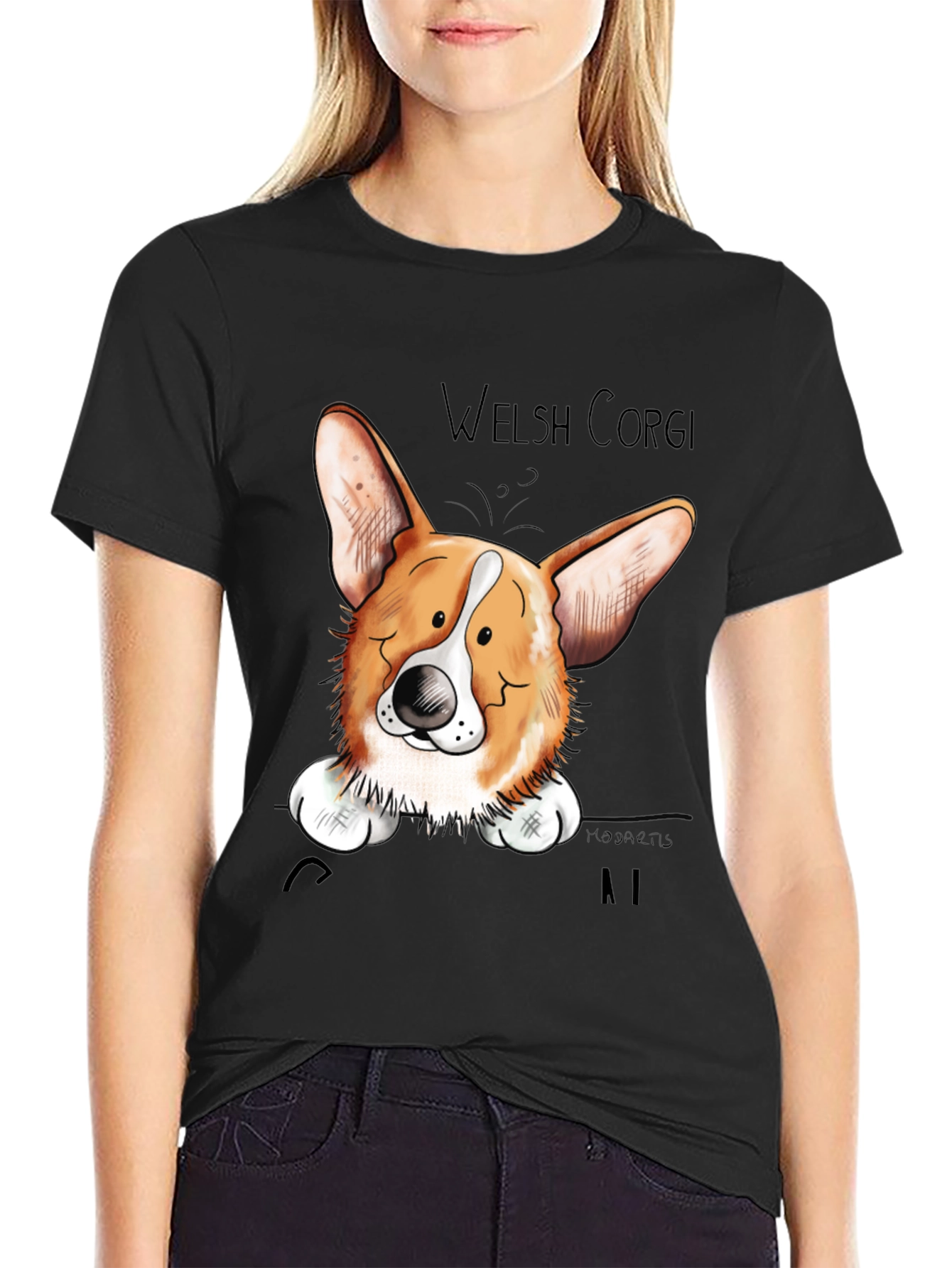 Welsh Corgi Cartoon Black T-Shirt