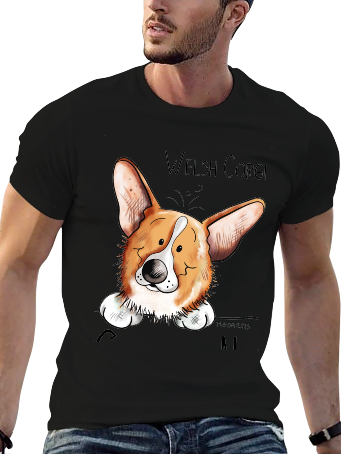 Welsh Corgi Cartoon Black T-Shirt