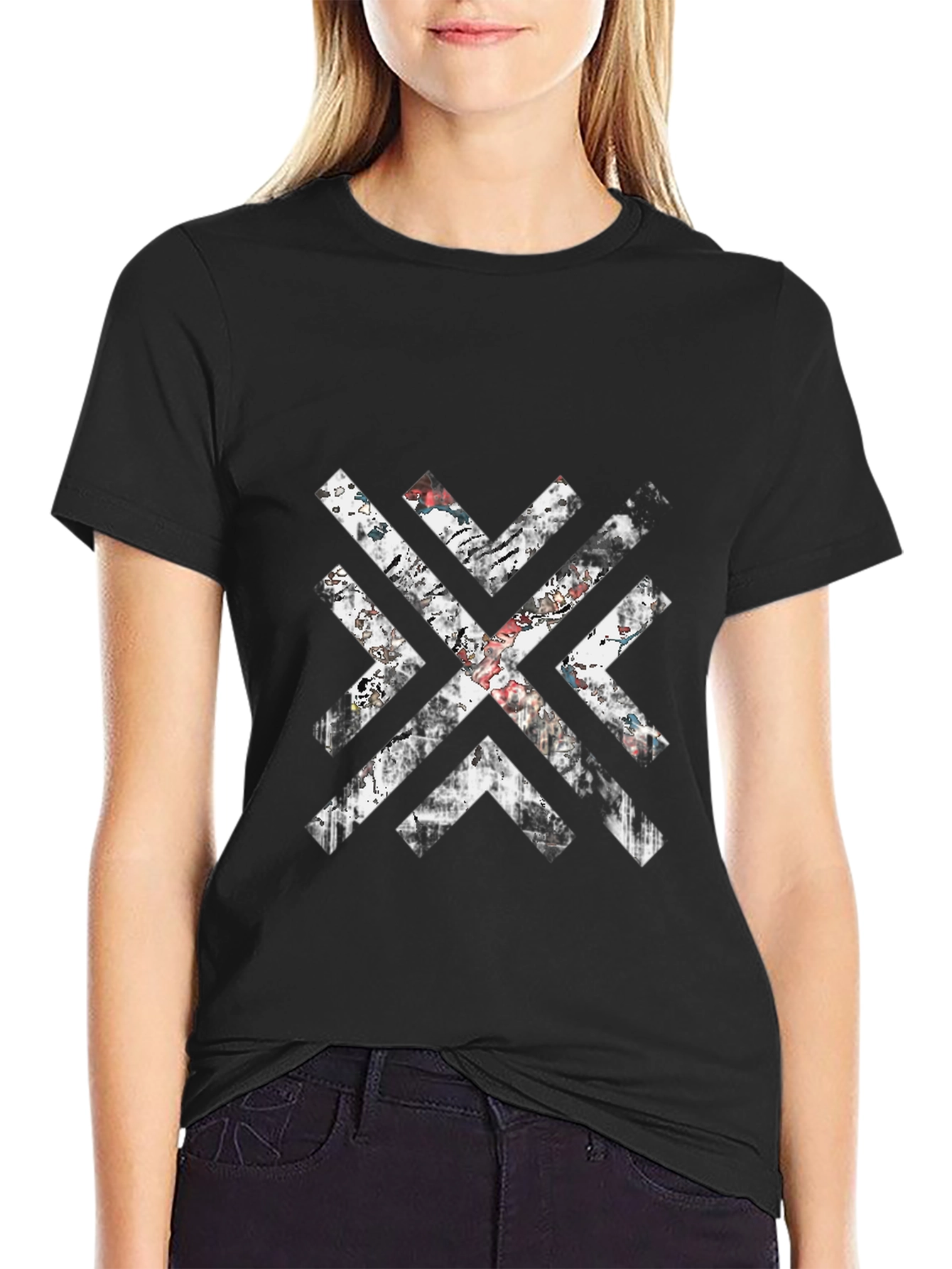 Mens Black Graphic Tee - Distressed Geometric