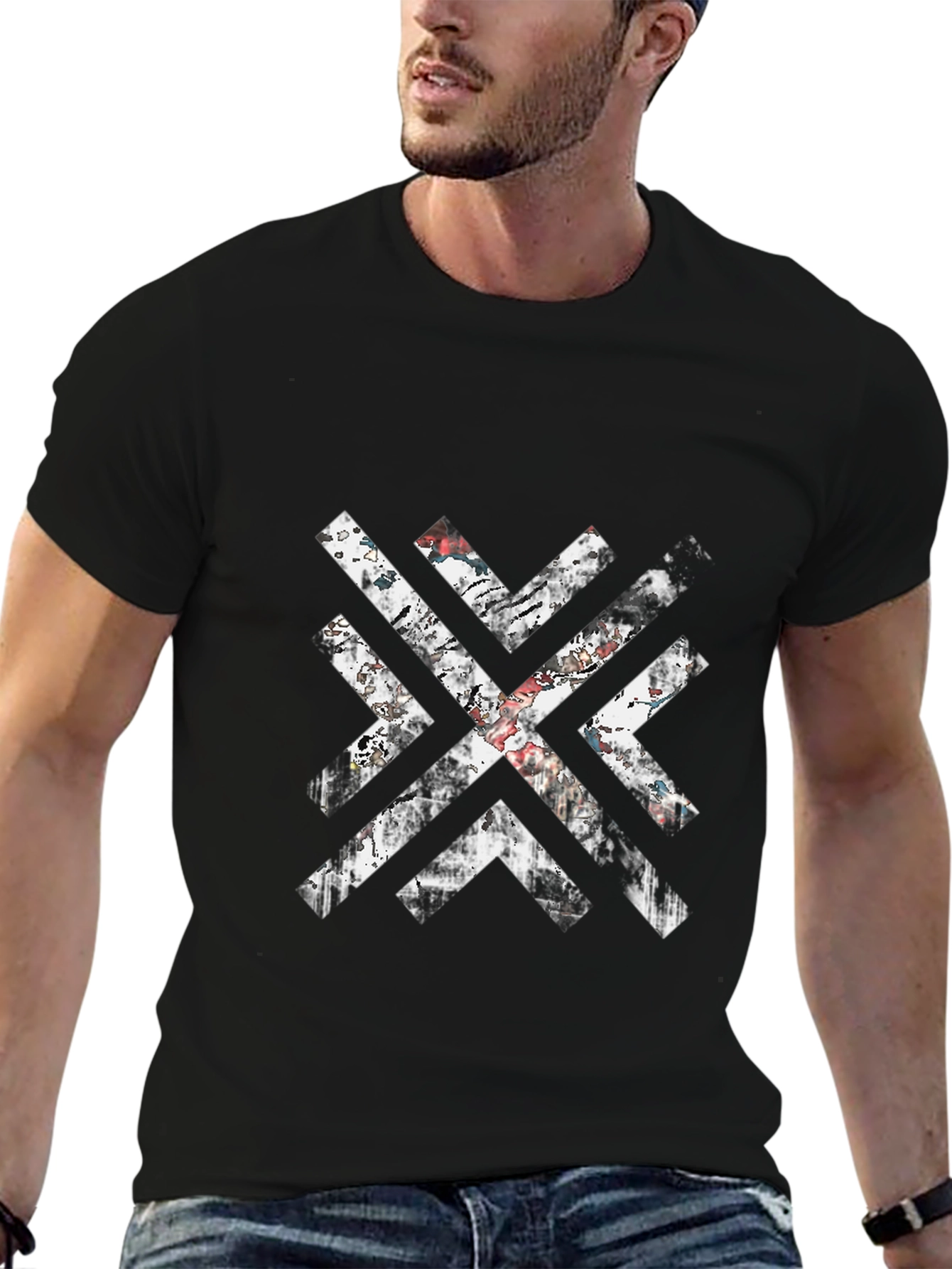 Mens Black Graphic Tee - Distressed Geometric