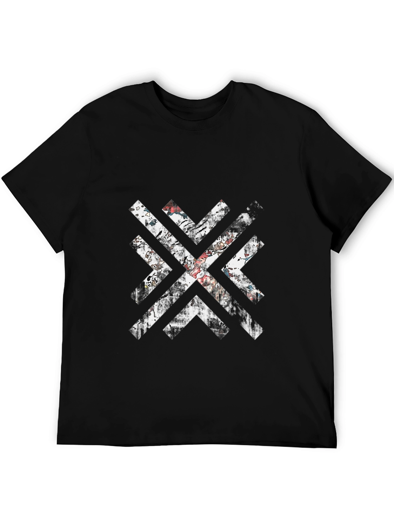 Mens Black Graphic Tee - Distressed Geometric