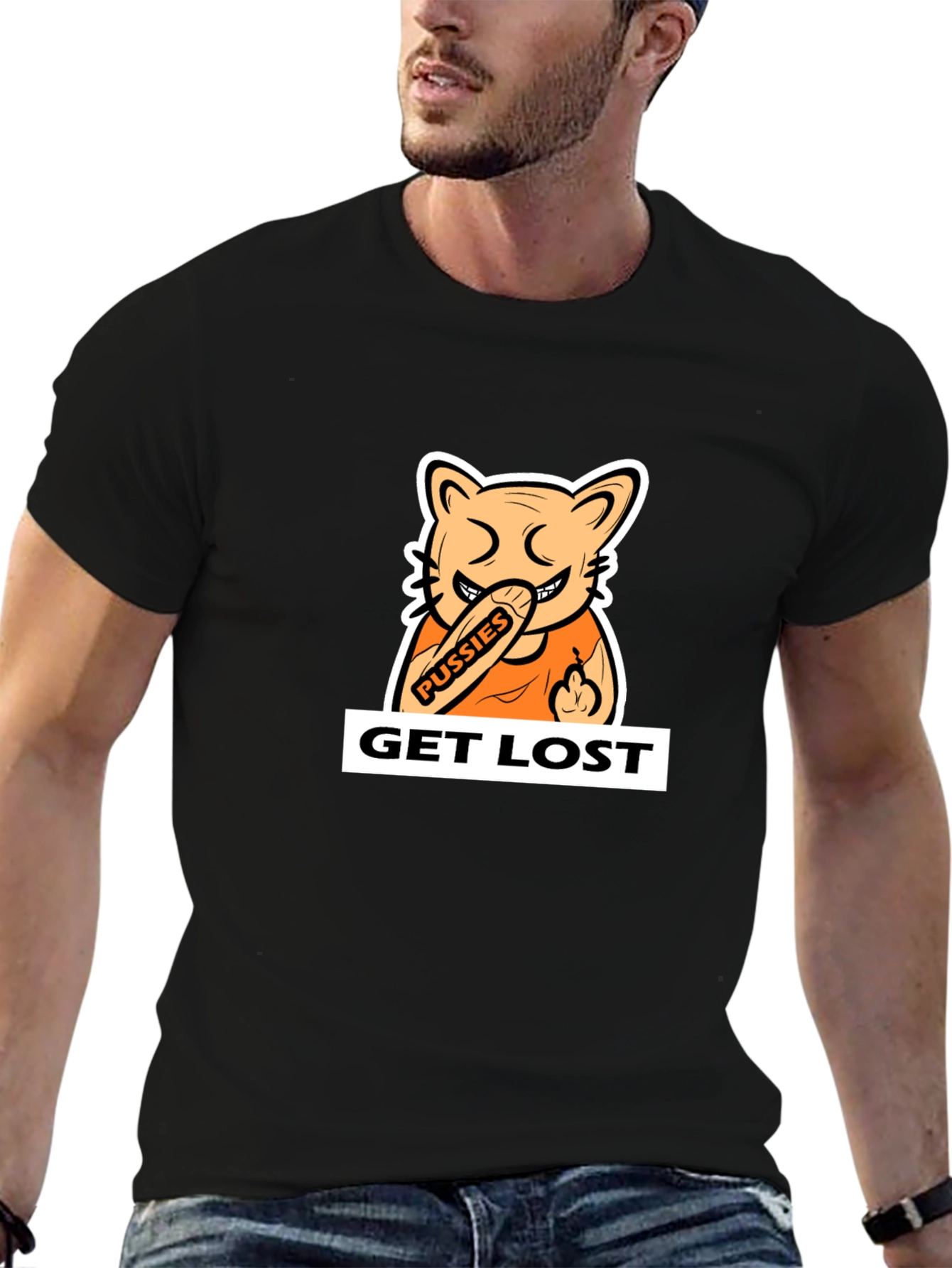 Black T-Shirt with Cartoon Cat Graphic