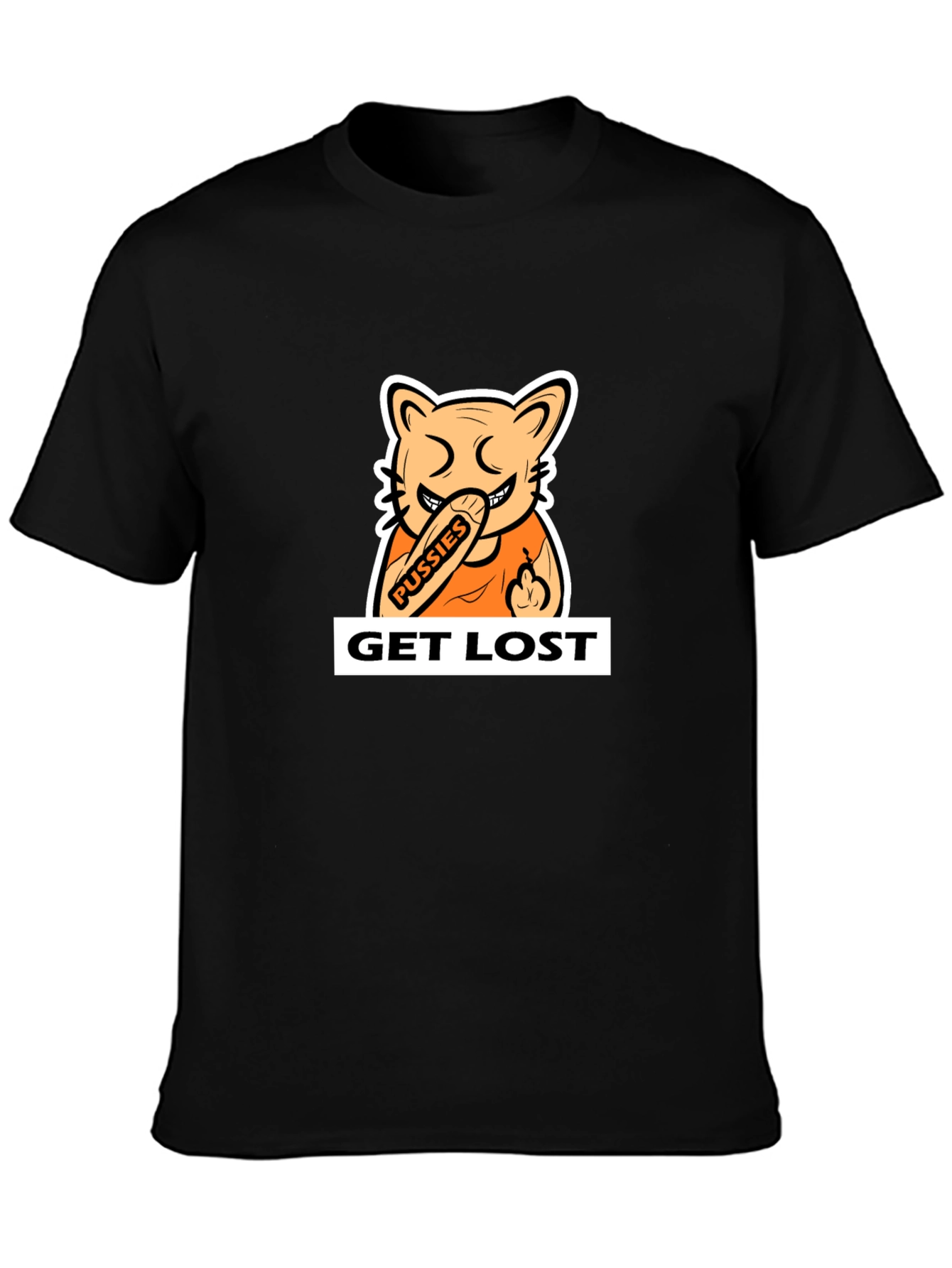 Black T-Shirt with Cartoon Cat Graphic