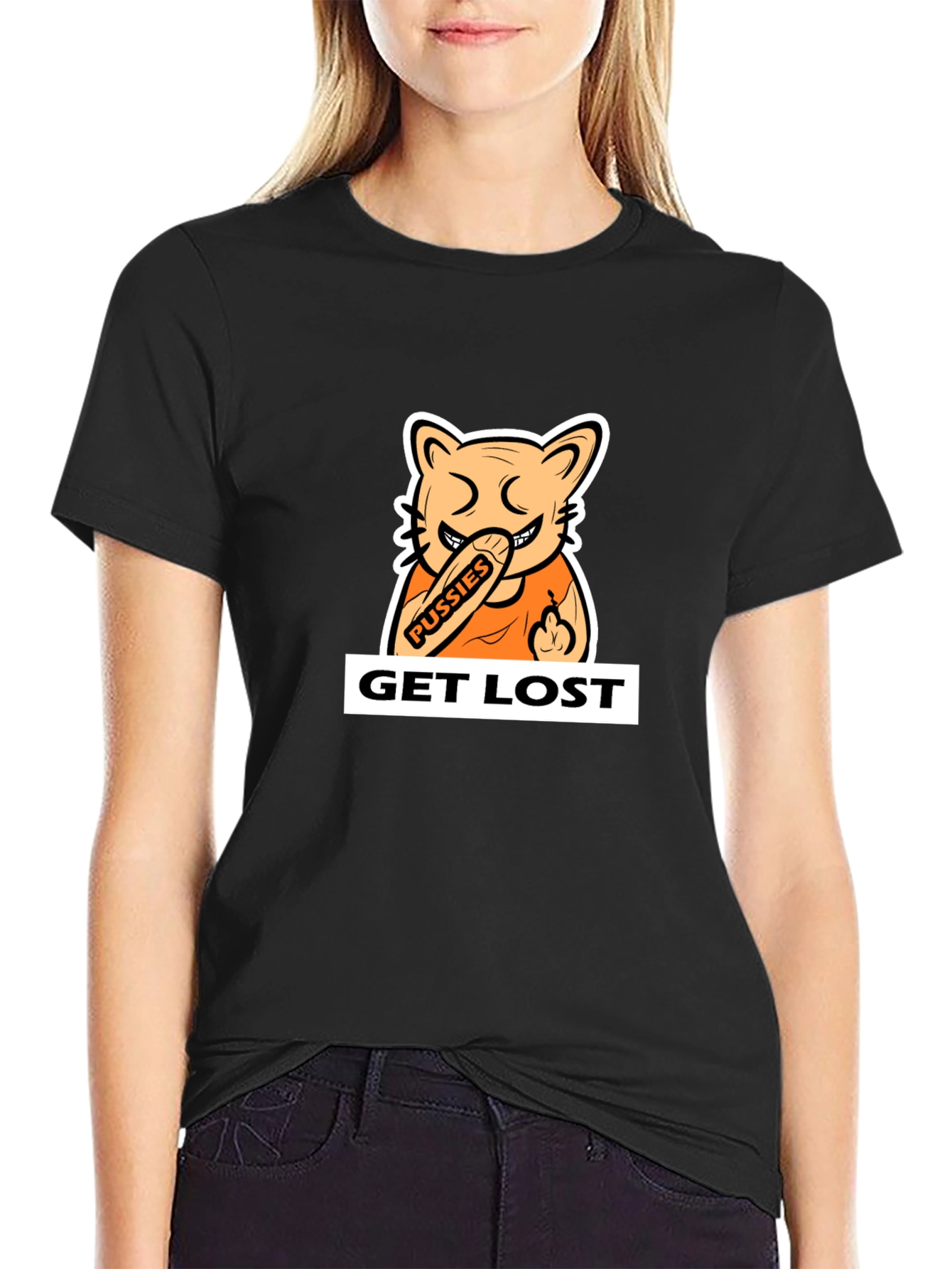 Black T-Shirt with Cartoon Cat Graphic