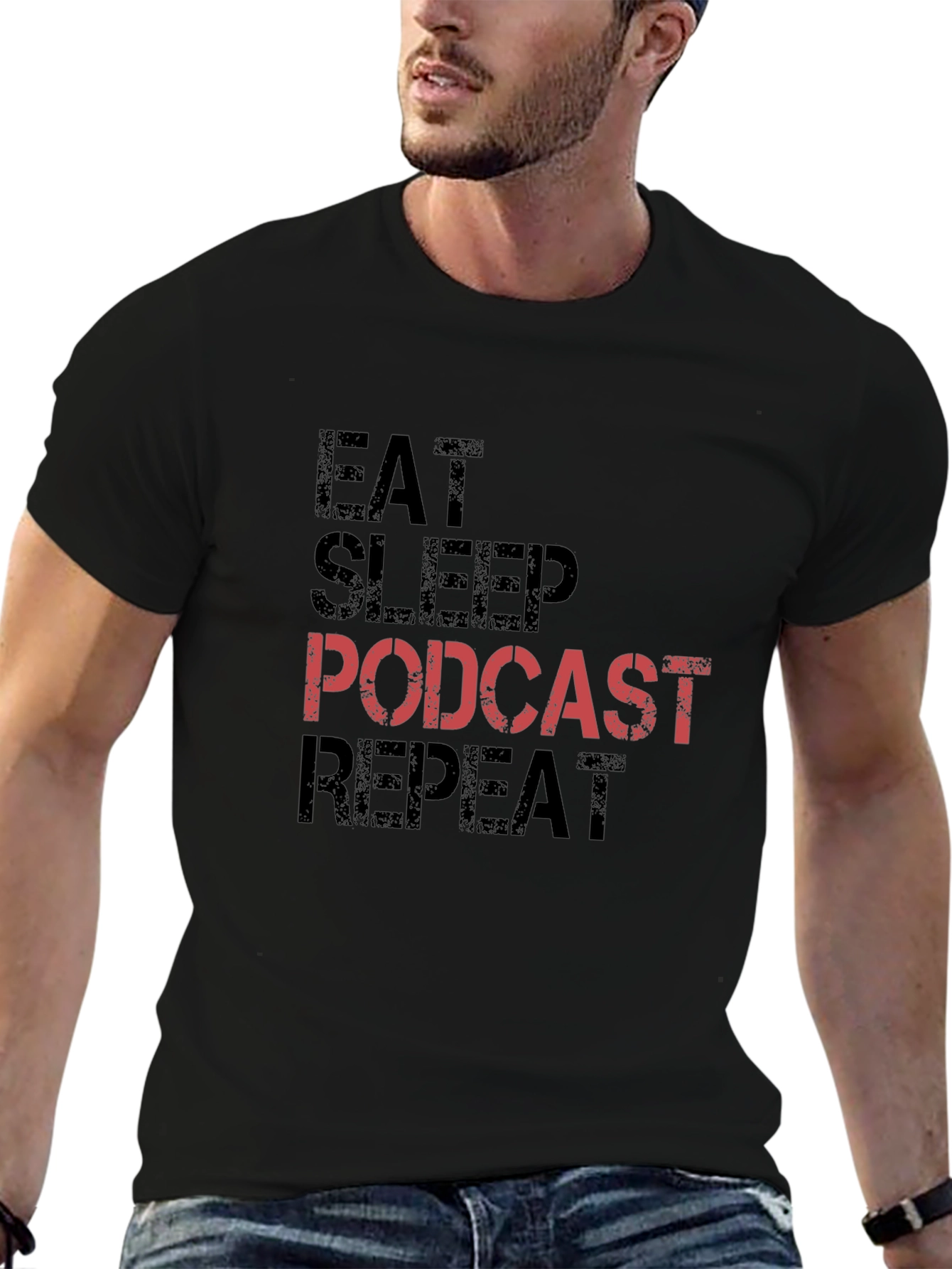 Eat Sleep Podcast Repeat Black T-Shirt