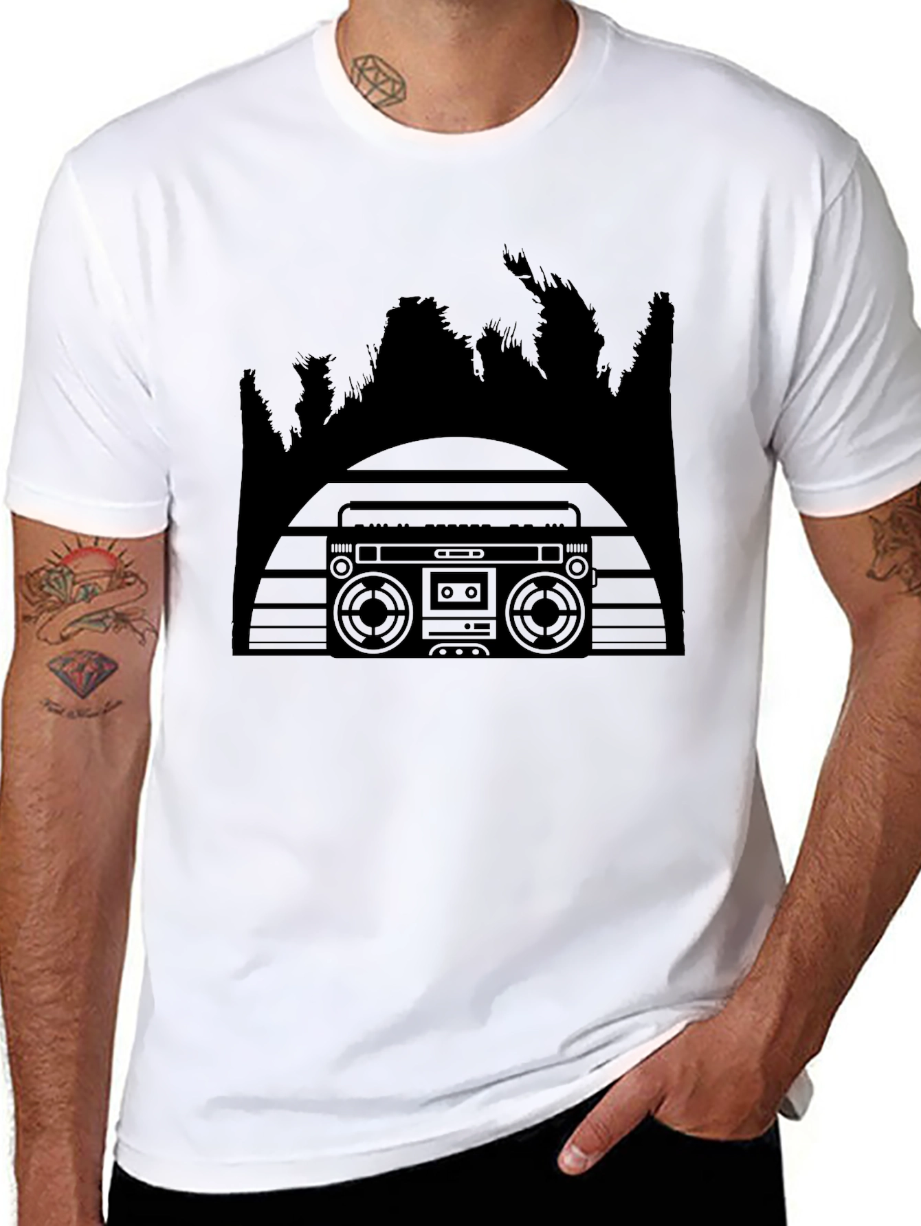 Retro Boombox & Palm Trees Mens Black T-Shirt