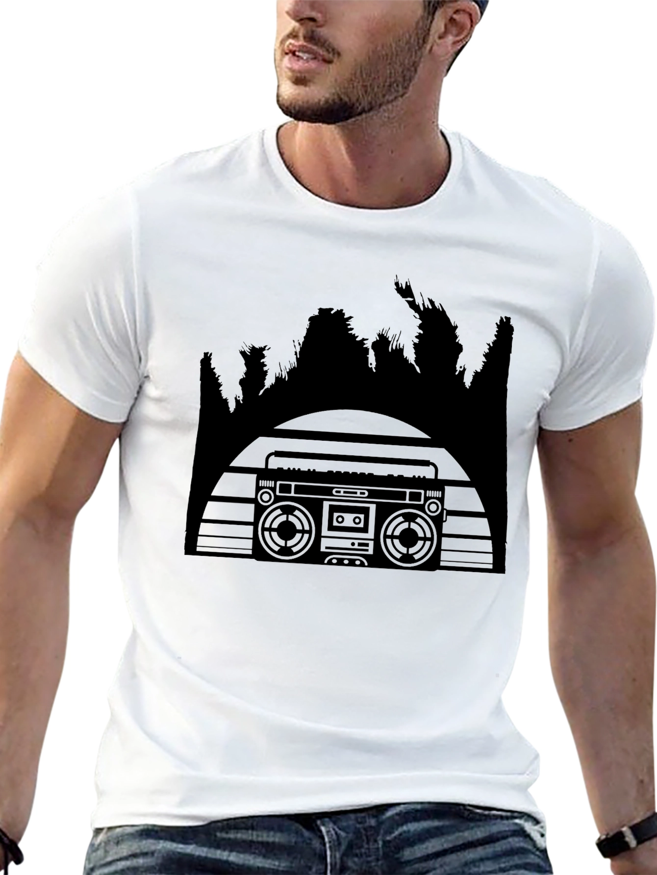Retro Boombox & Palm Trees Mens Black T-Shirt