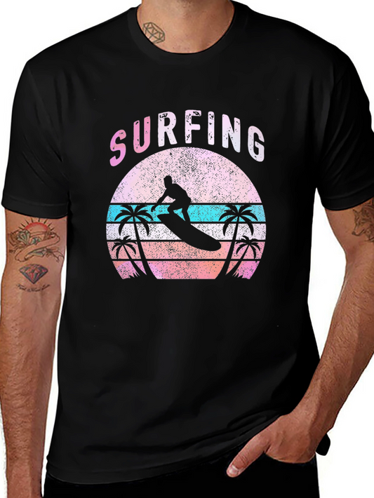 Vintage Surfing T-Shirt - Retro Sunset Palm Tree Design