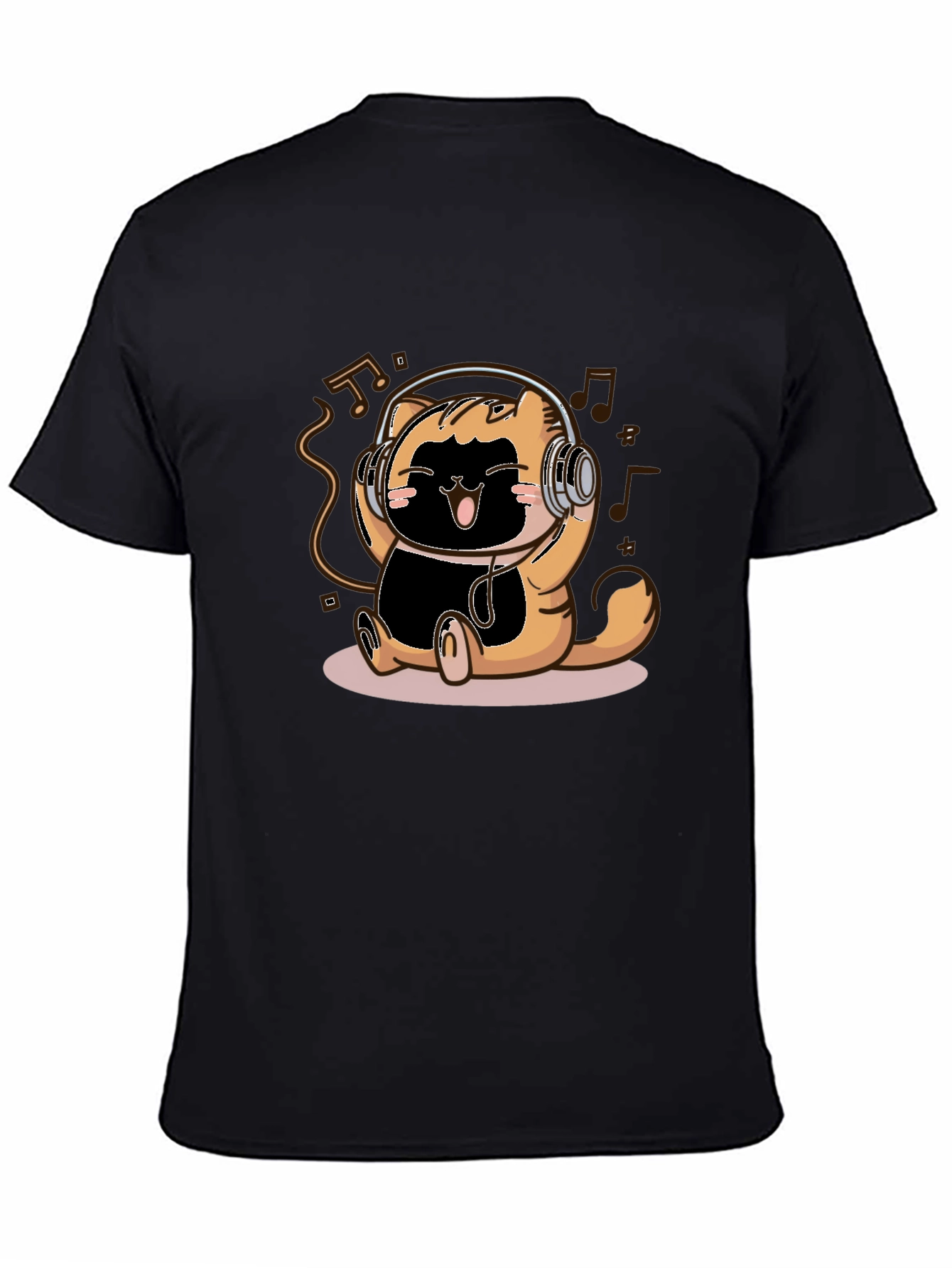 Cute Cartoon Cat Headphones Black T-Shirt