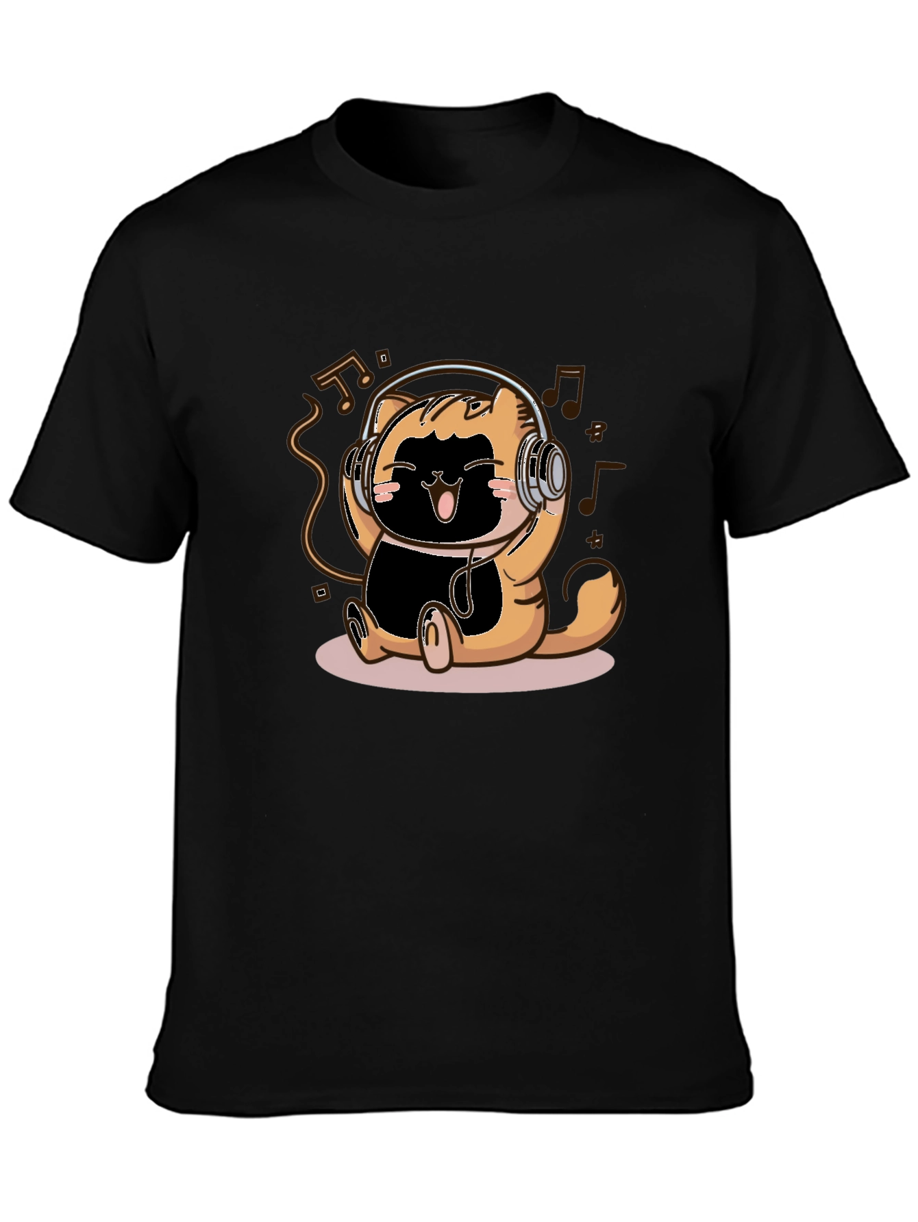 Cute Cartoon Cat Headphones Black T-Shirt