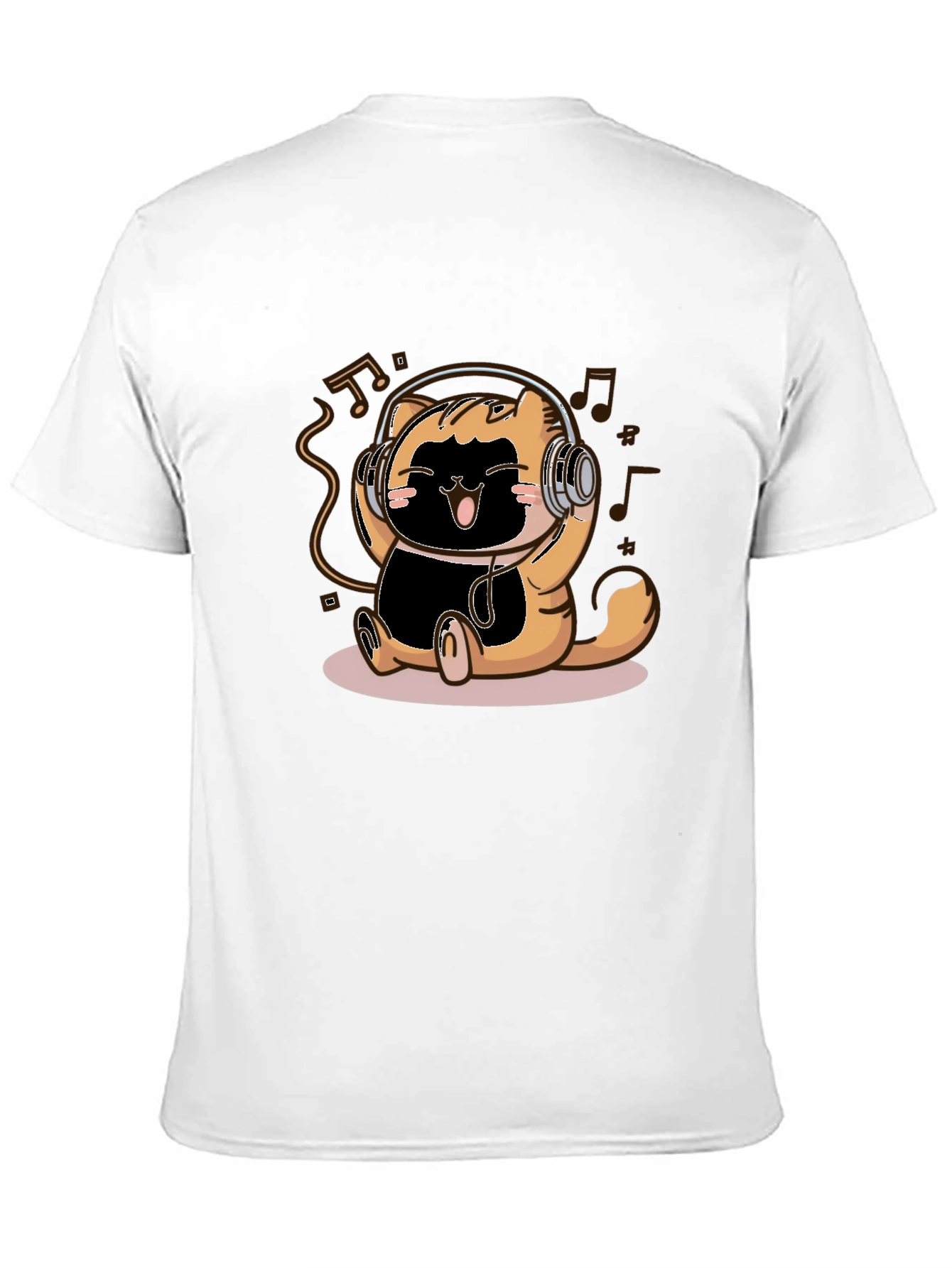 Cute Cartoon Cat Headphones Black T-Shirt