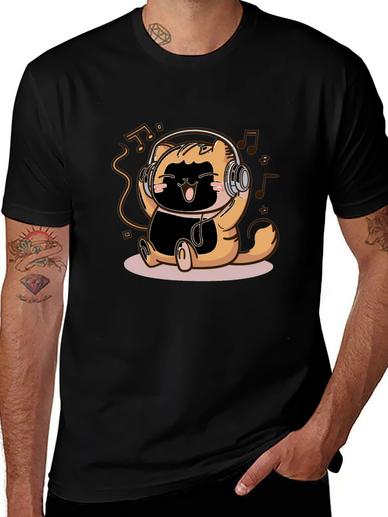 Cute Cartoon Cat Headphones Black T-Shirt