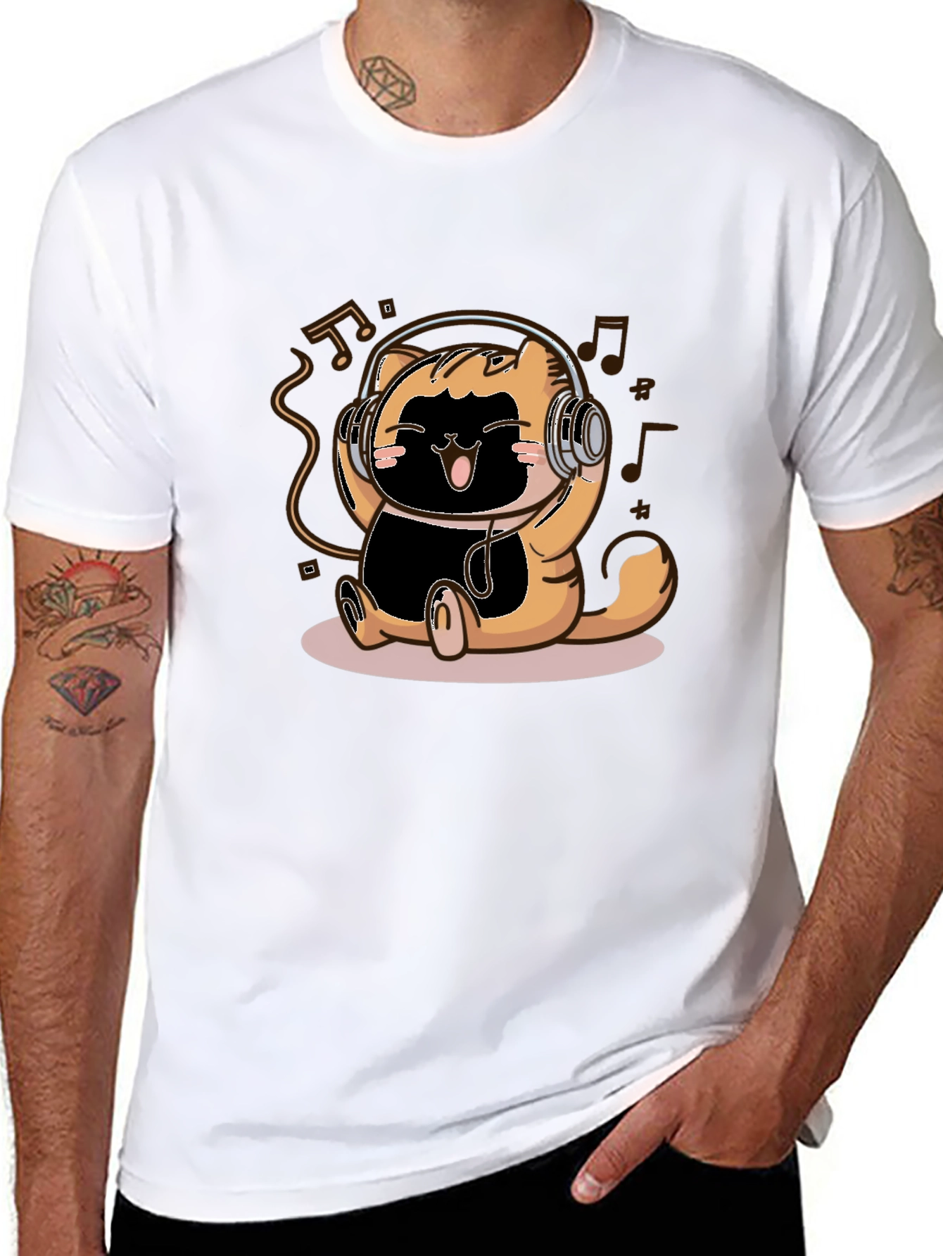 Cute Cartoon Cat Headphones Black T-Shirt