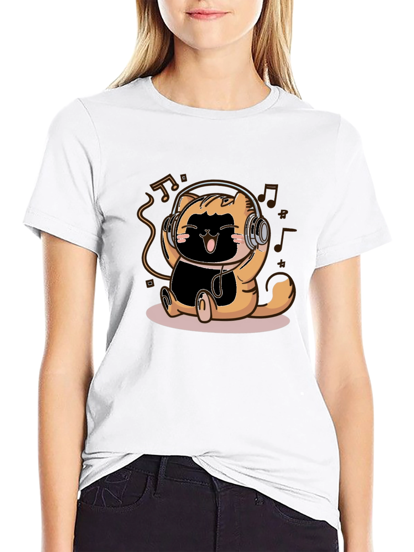 Cute Cartoon Cat Headphones Black T-Shirt