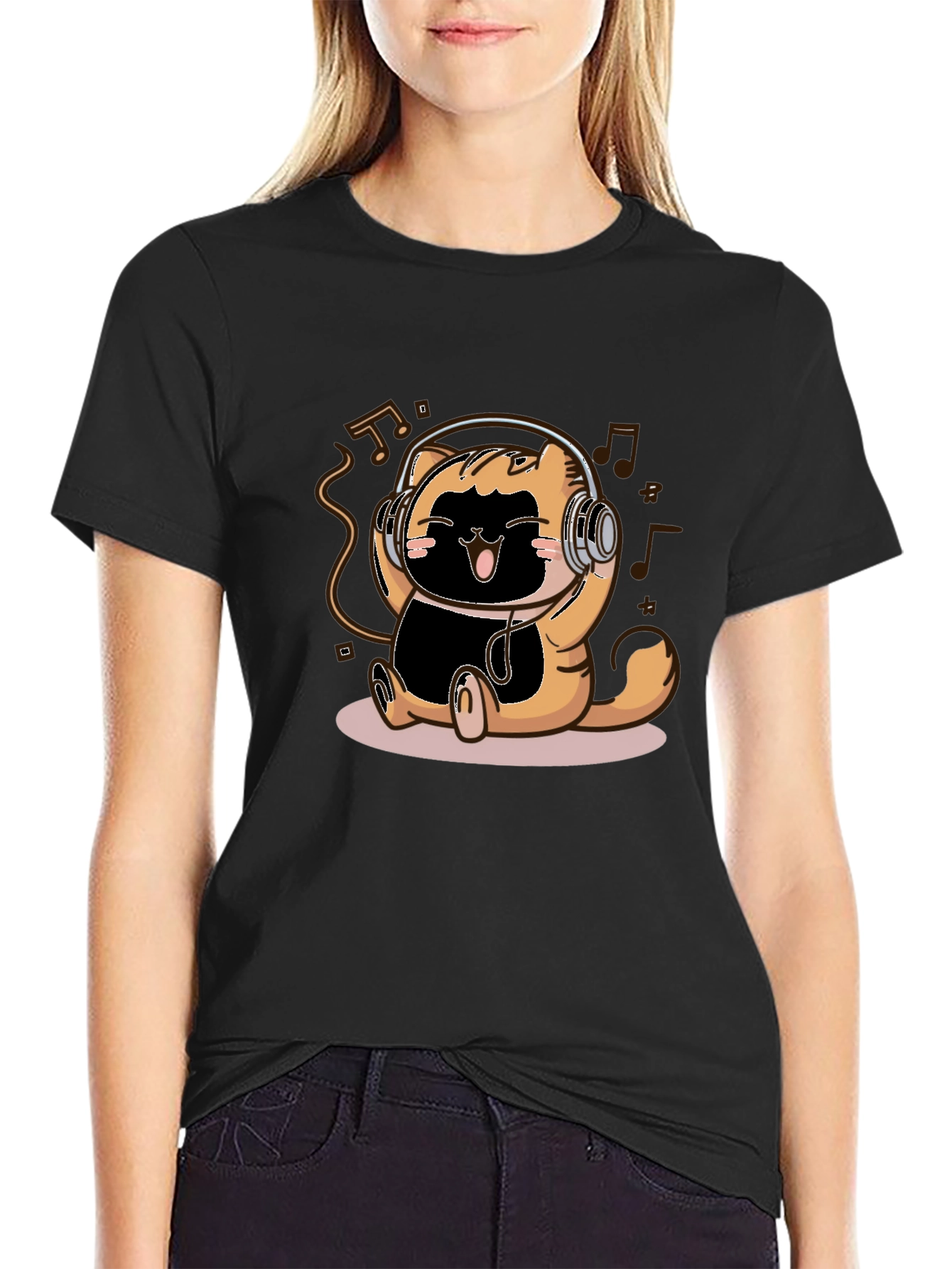 Cute Cartoon Cat Headphones Black T-Shirt