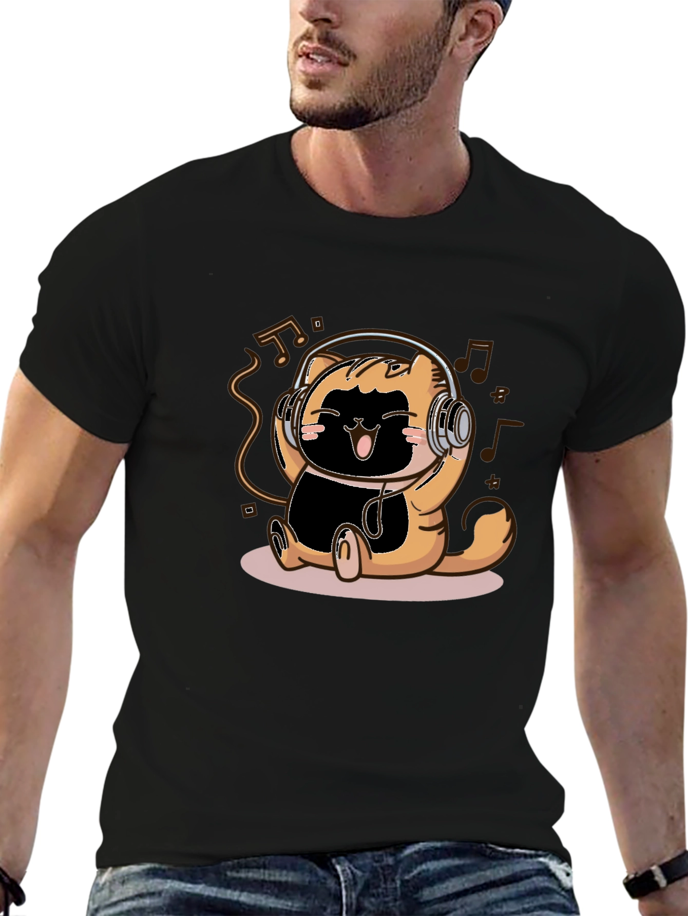 Cute Cartoon Cat Headphones Black T-Shirt
