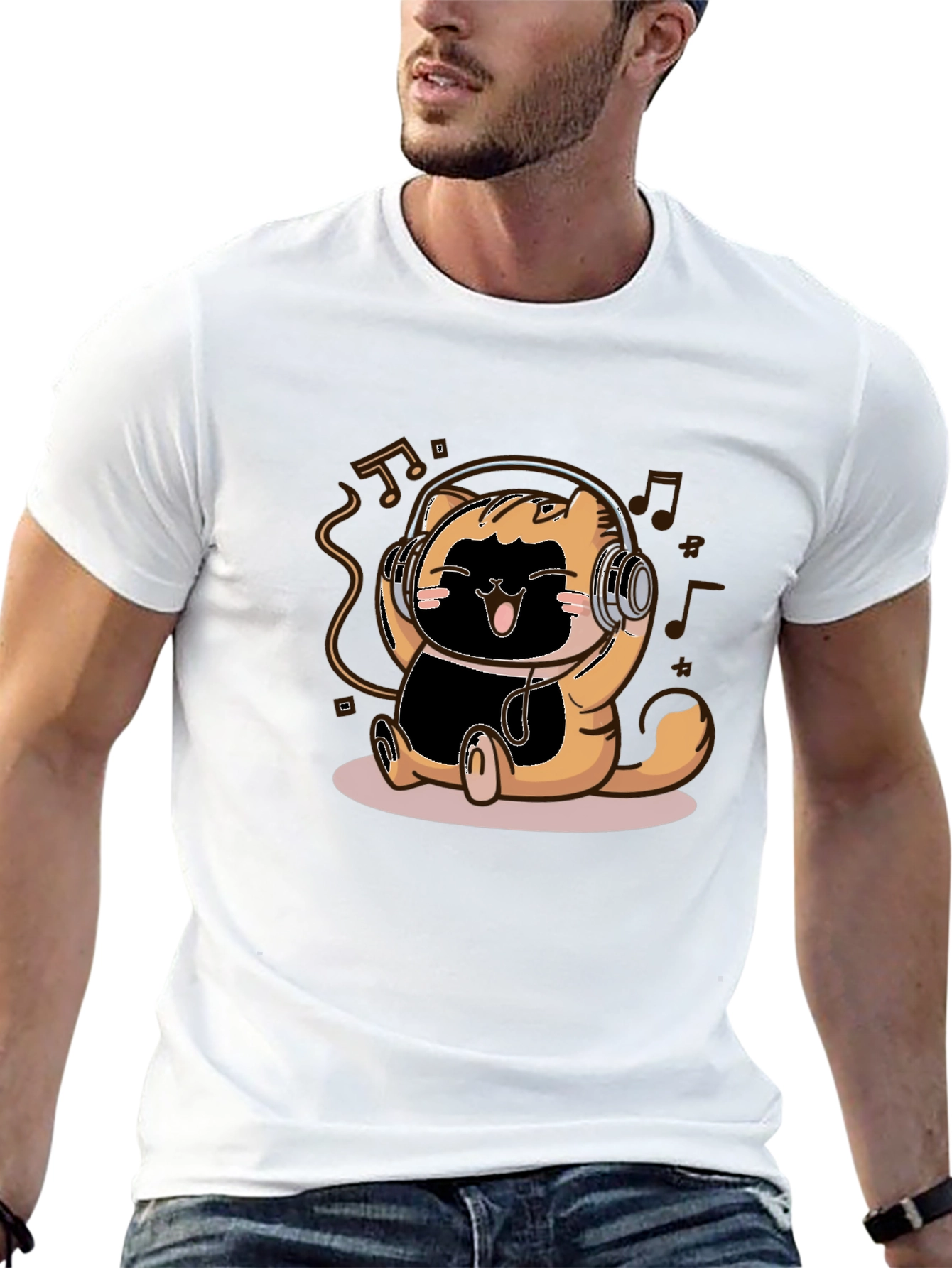 Cute Cartoon Cat Headphones Black T-Shirt