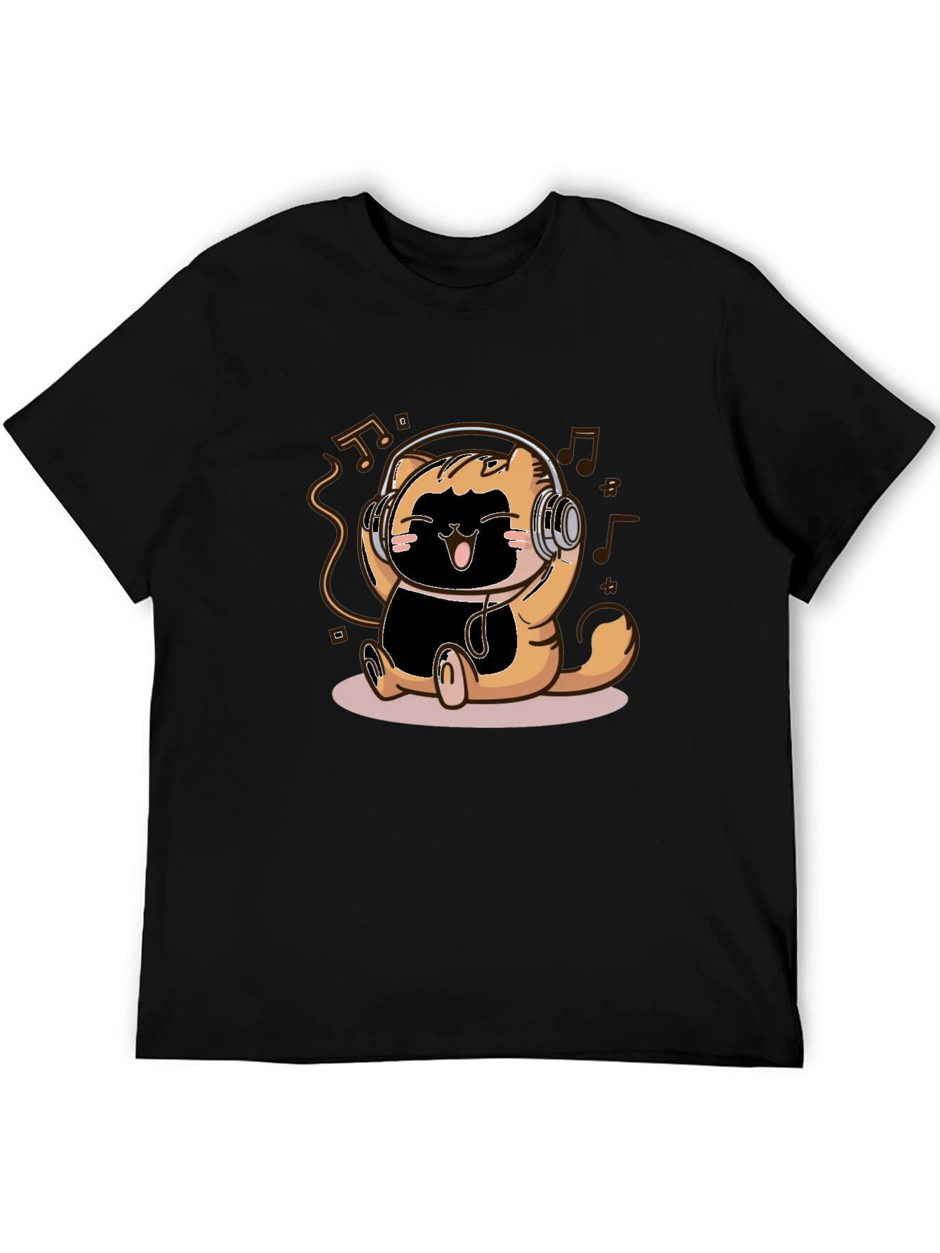 Cute Cartoon Cat Headphones Black T-Shirt