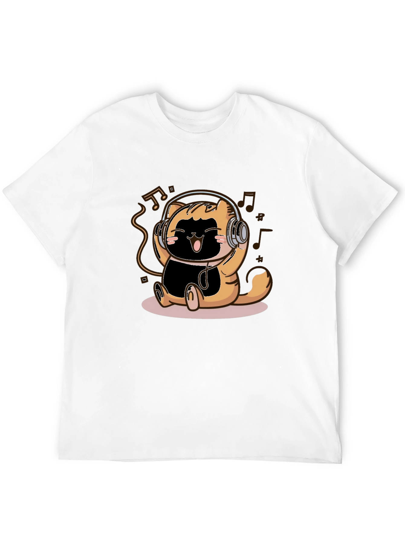 Cute Cartoon Cat Headphones Black T-Shirt