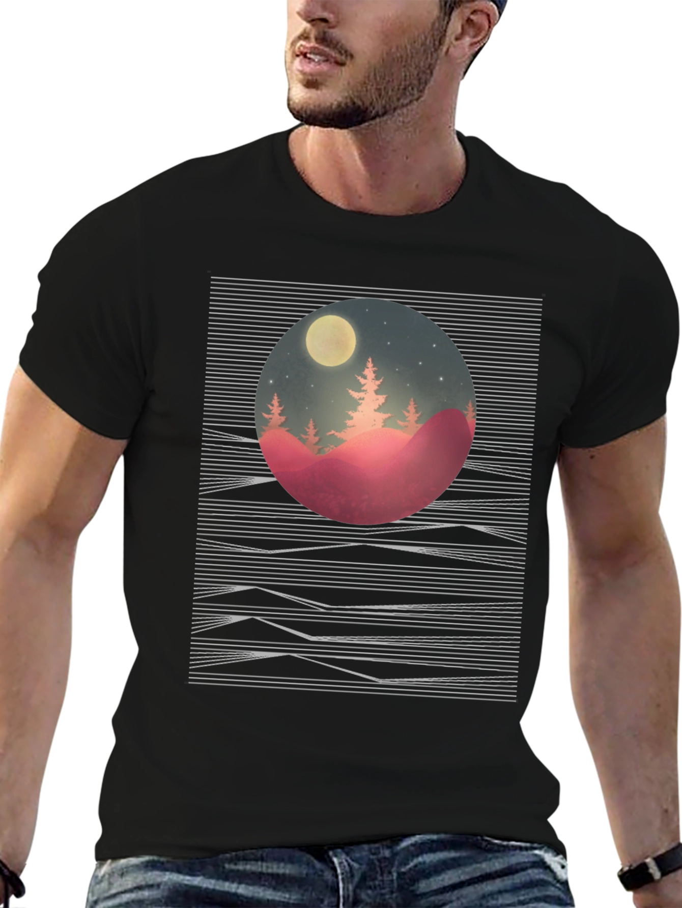 Nature Scene Graphic Tee - Black Cotton T-Shirt