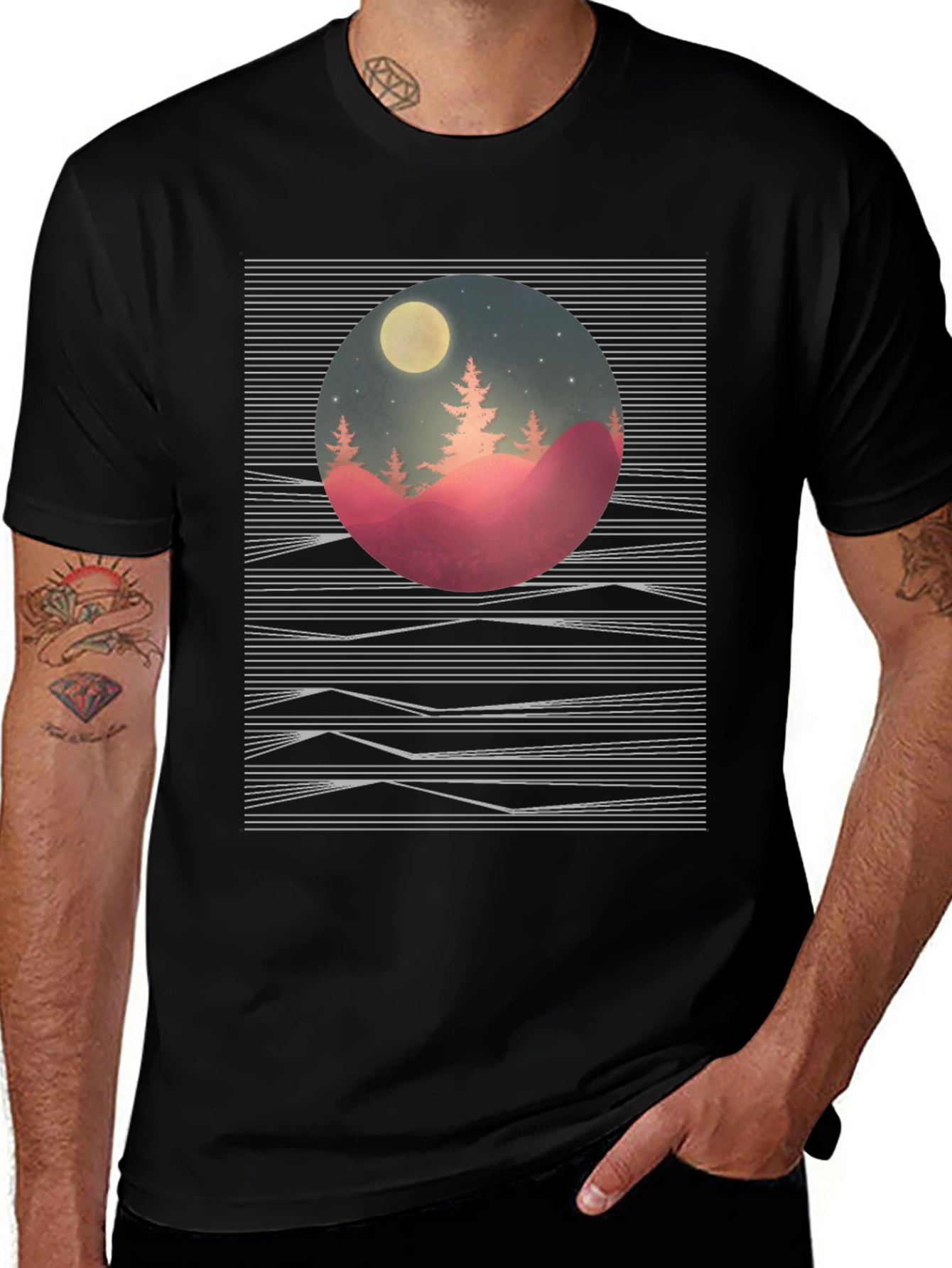 Nature Scene Graphic Tee - Black Cotton T-Shirt