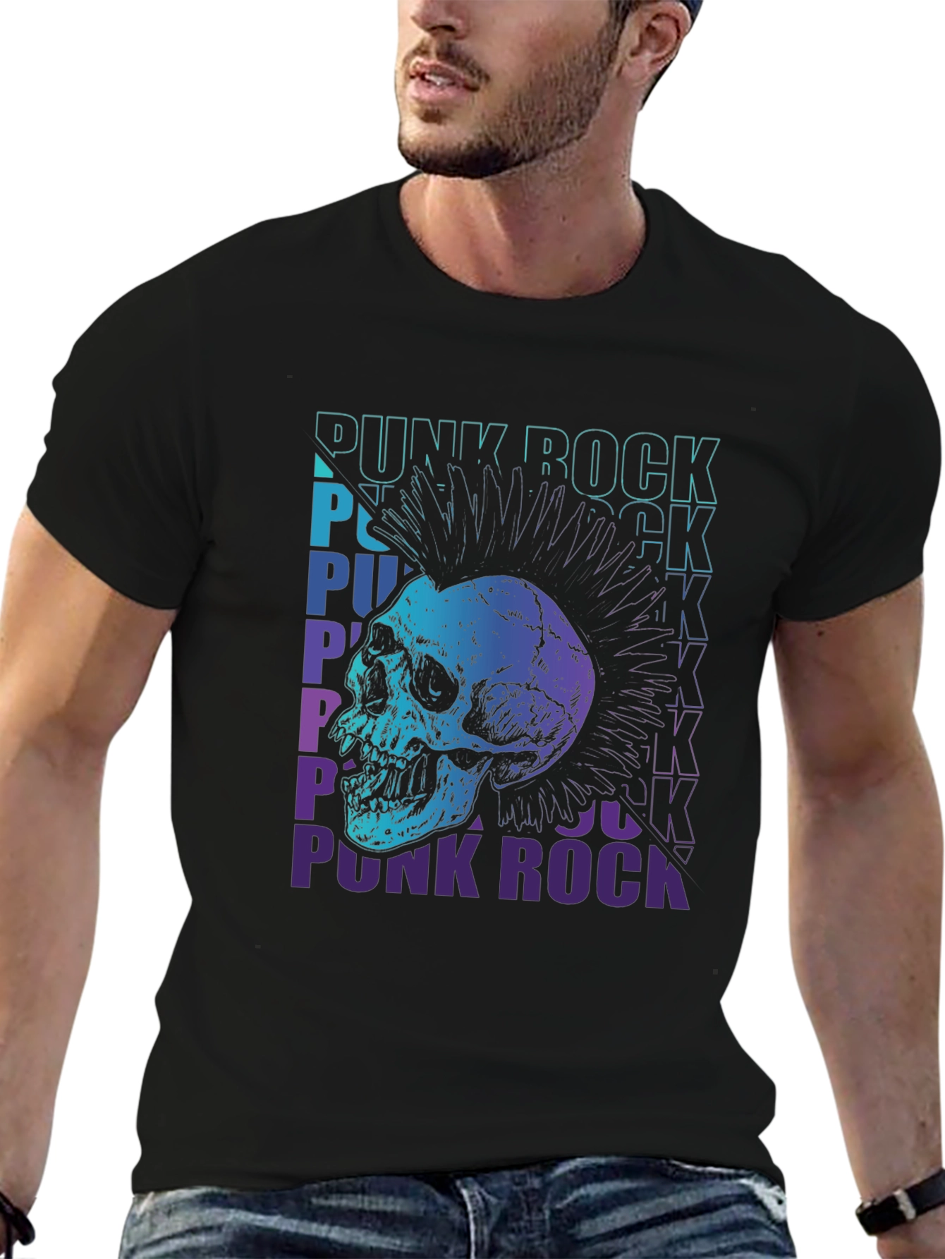 Punk Rock Skull Graphic Tee - Black Cotton T-Shirt