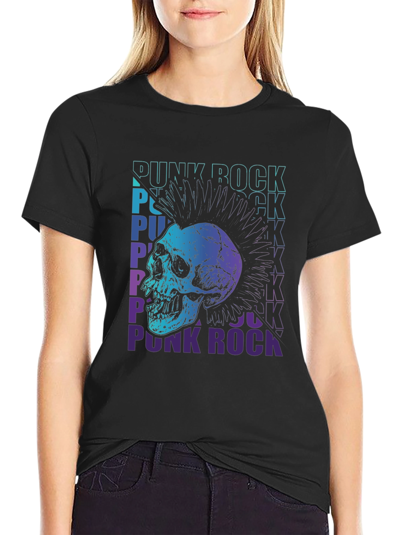 Punk Rock Skull Graphic Tee - Black Cotton T-Shirt