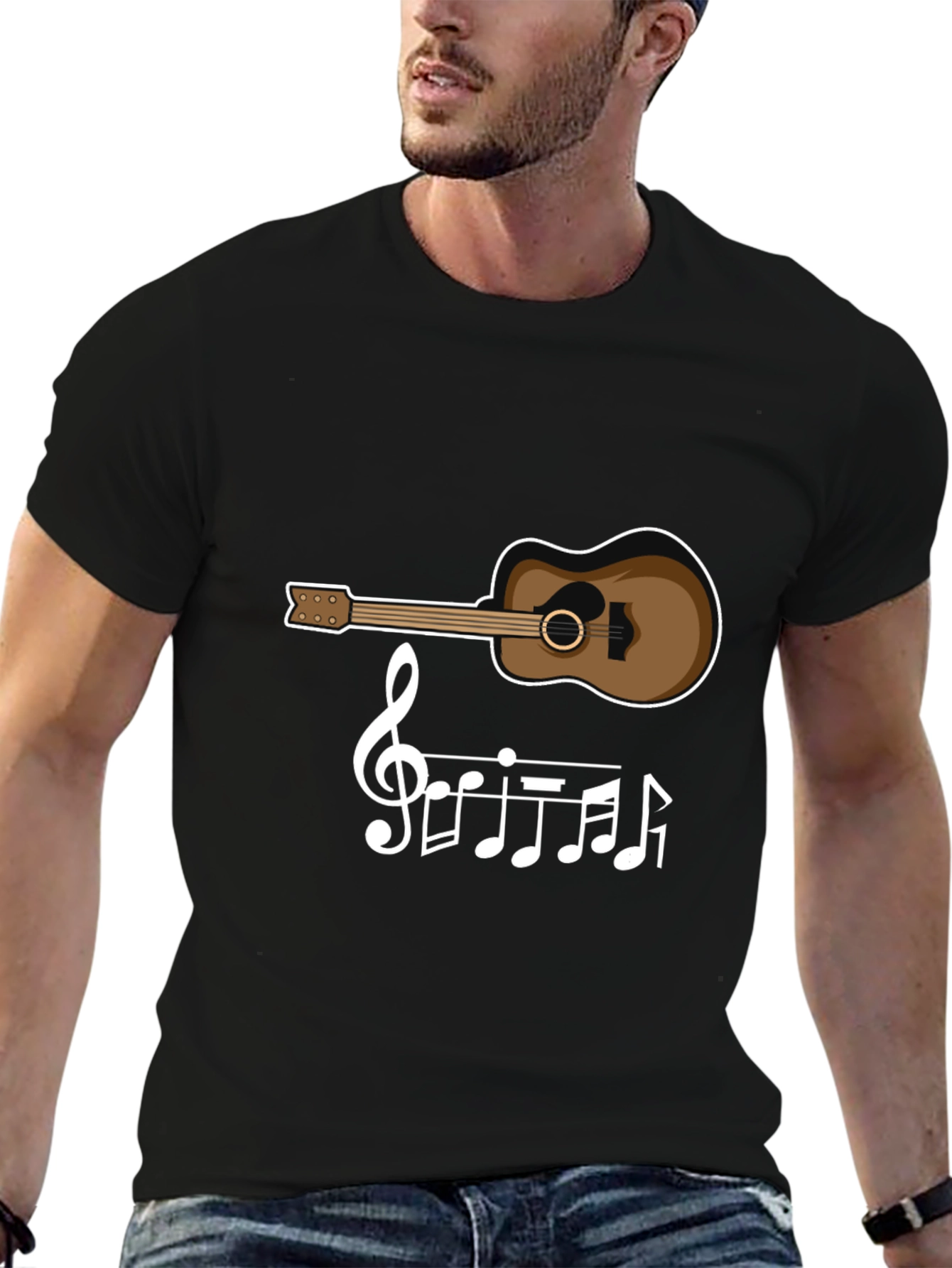 Guitar & Music Note T-Shirt - Black Tee