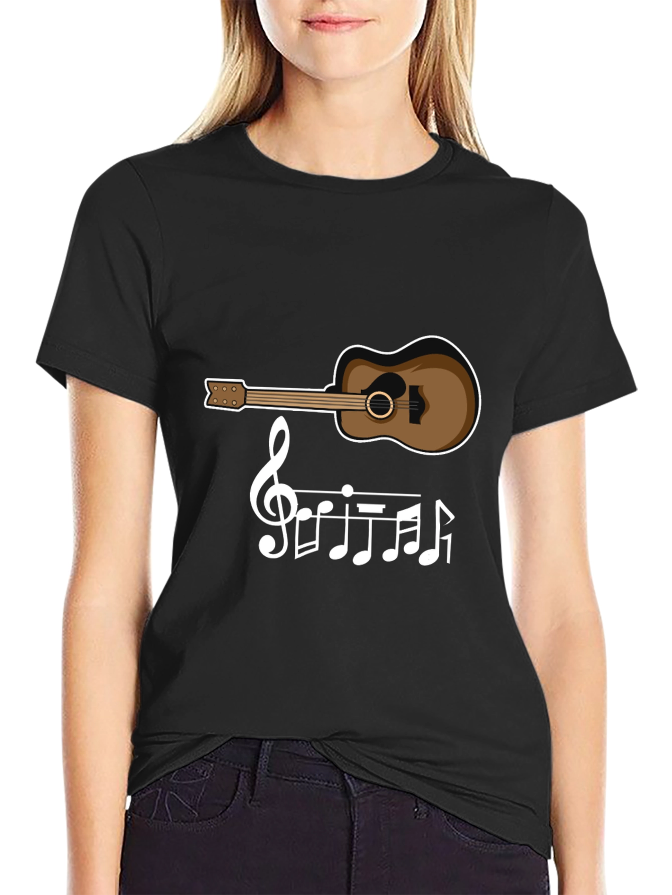 Guitar & Music Note T-Shirt - Black Tee
