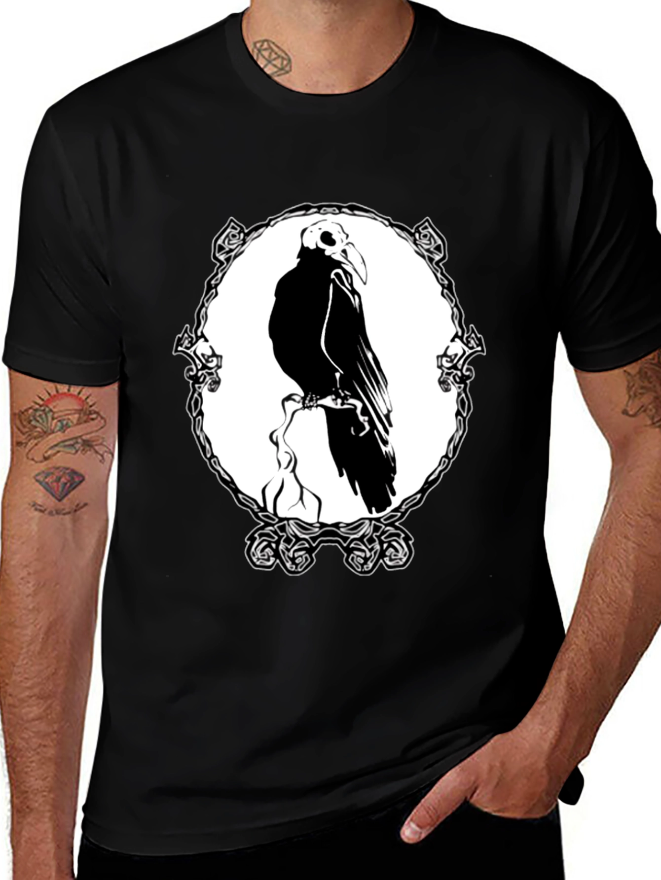 Raven Skull Graphic T-Shirt - Black