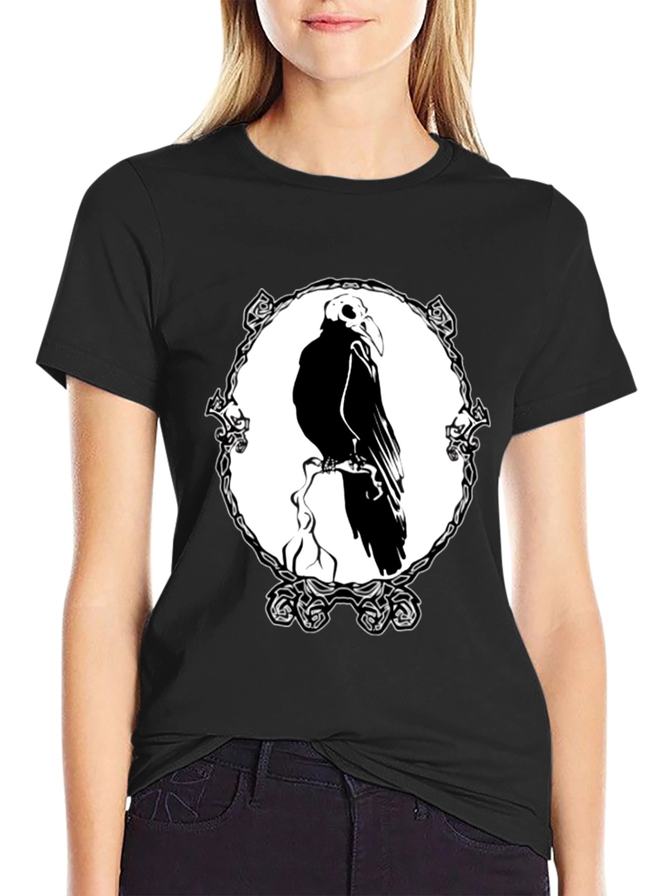 Raven Skull Graphic T-Shirt - Black