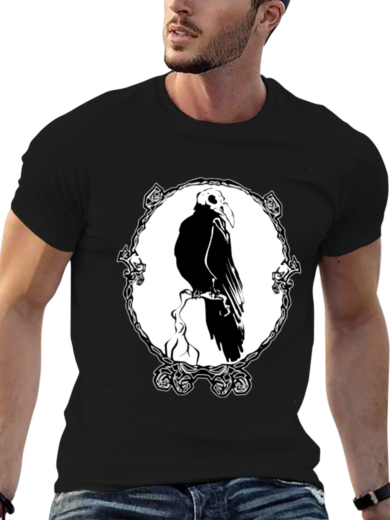 Raven Skull Graphic T-Shirt - Black