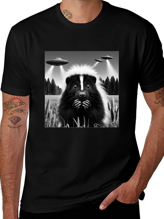 Skunk Alien Abduction Graphic Tee - Black Cotton