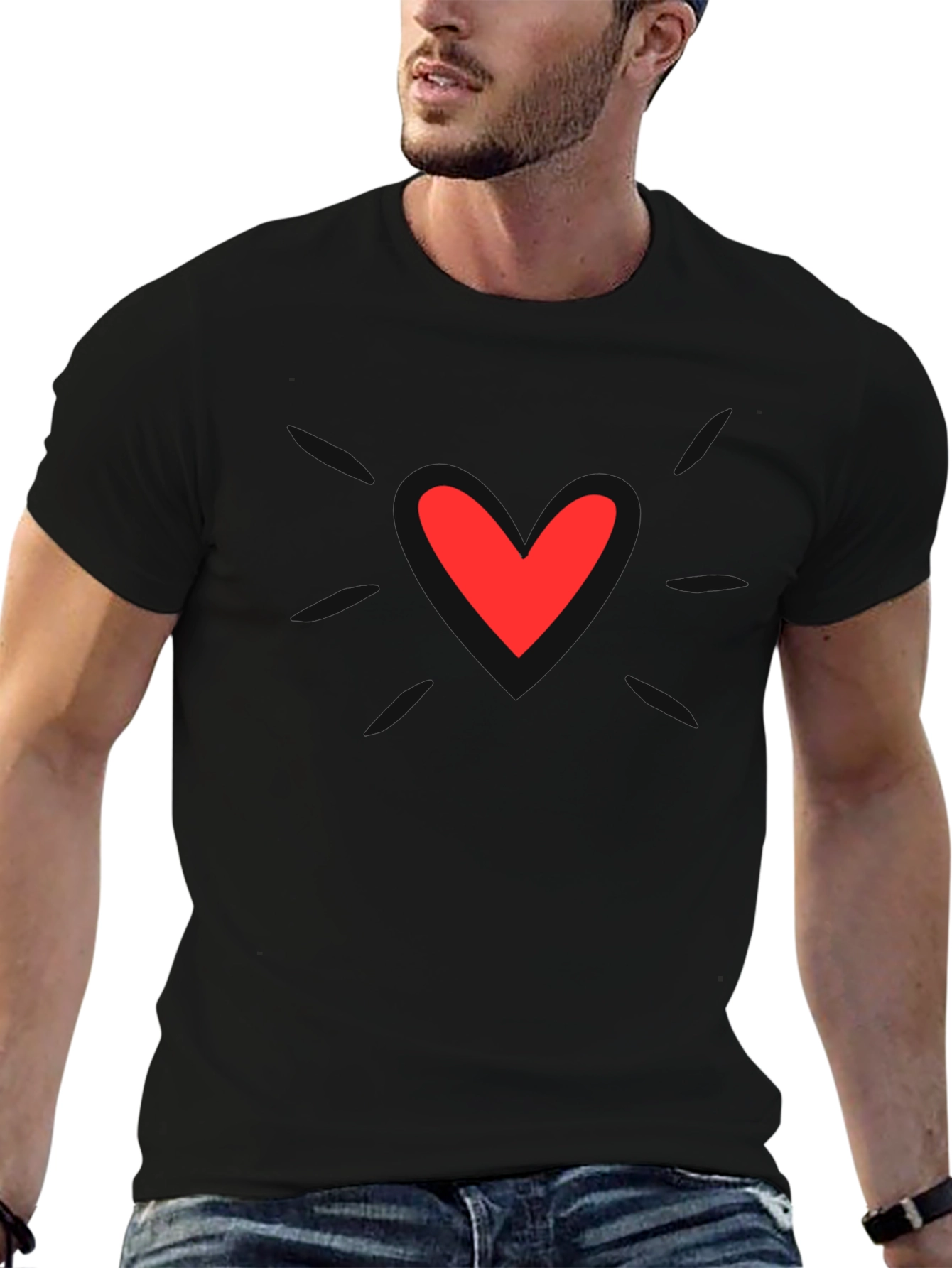 Mens Black T-Shirt with Heart Graphic