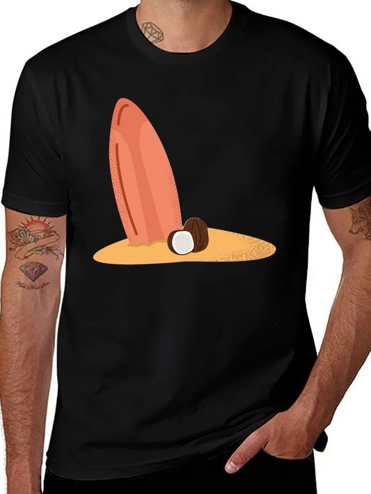 Surfboard & Coconut Black Tee - Tropical Beach Vibes