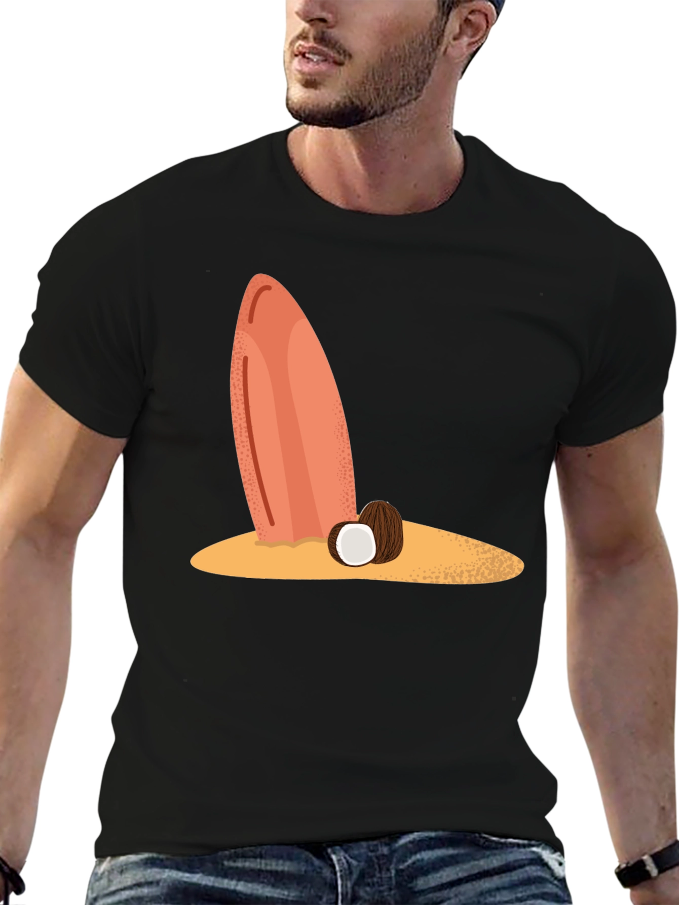 Surfboard & Coconut Black Tee - Tropical Beach Vibes