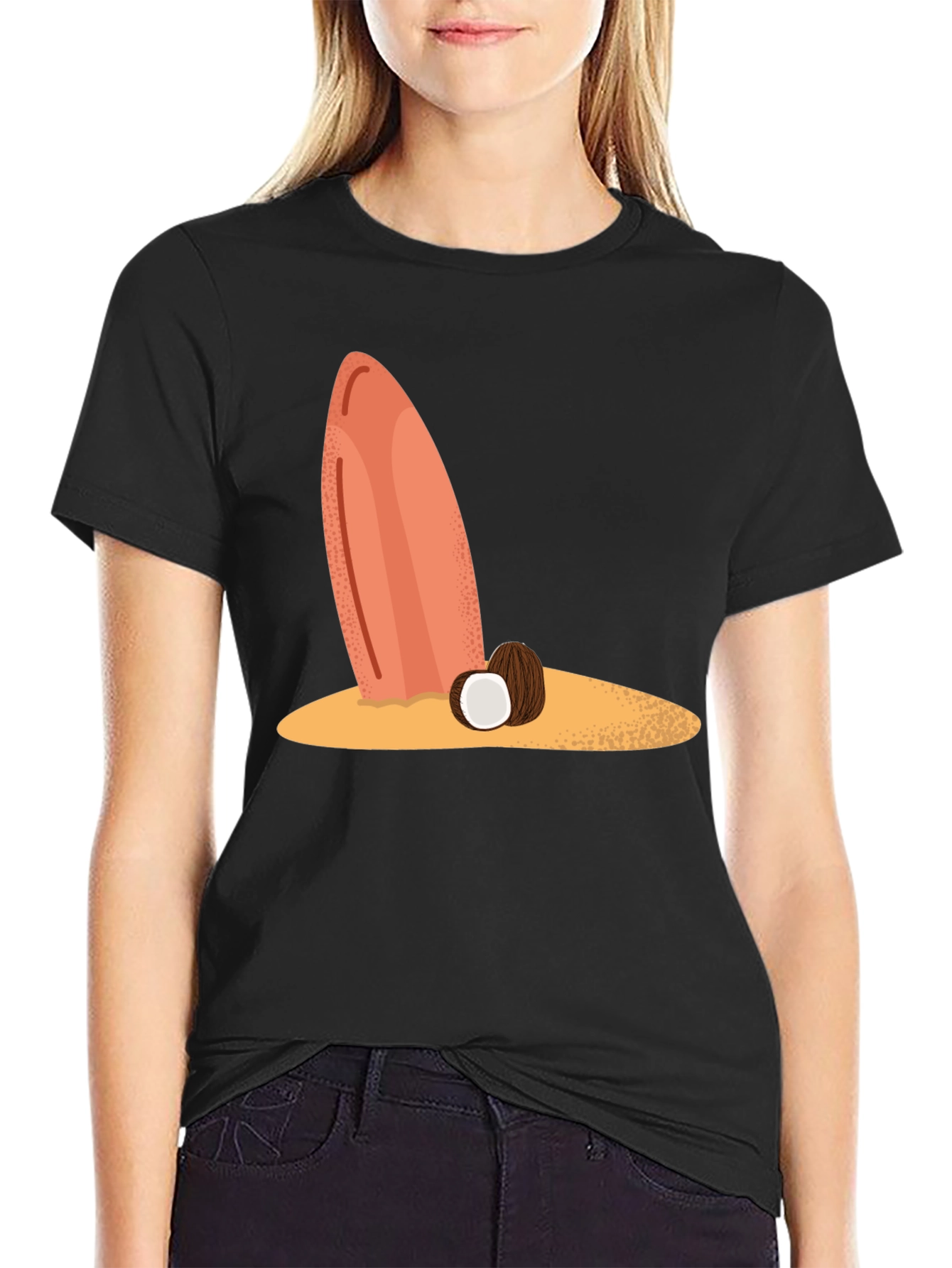 Surfboard & Coconut Black Tee - Tropical Beach Vibes