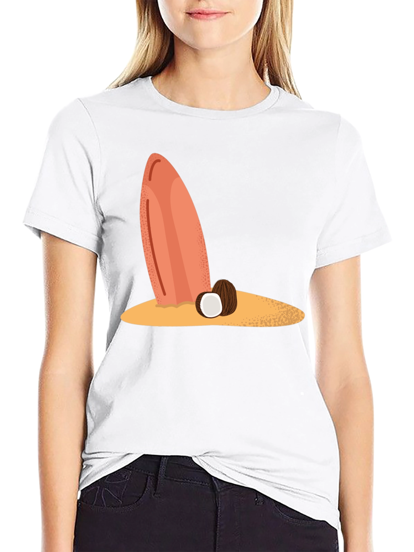 Surfboard & Coconut Black Tee - Tropical Beach Vibes