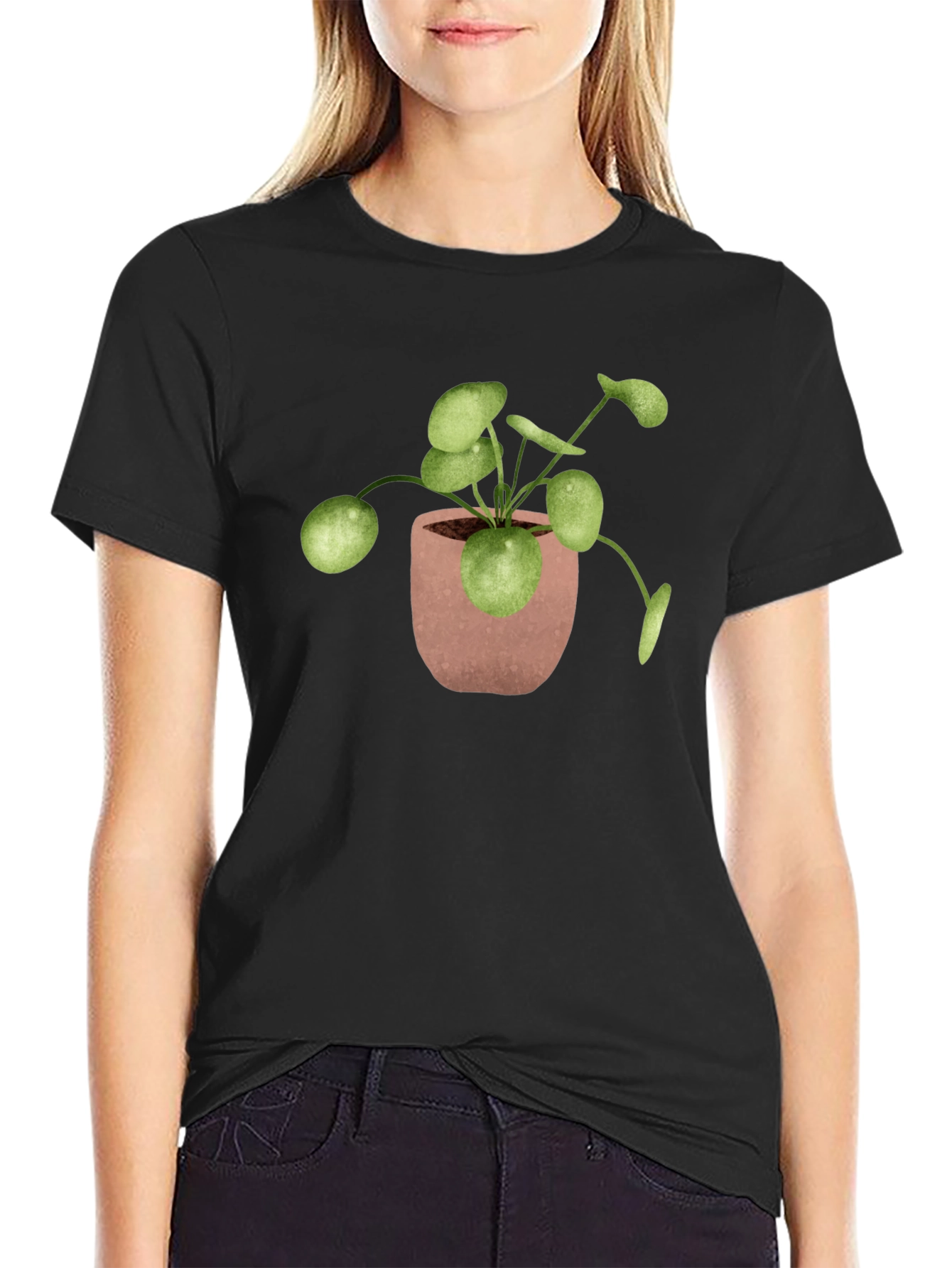 Pilea Plant T-Shirt - Black Cotton Tee