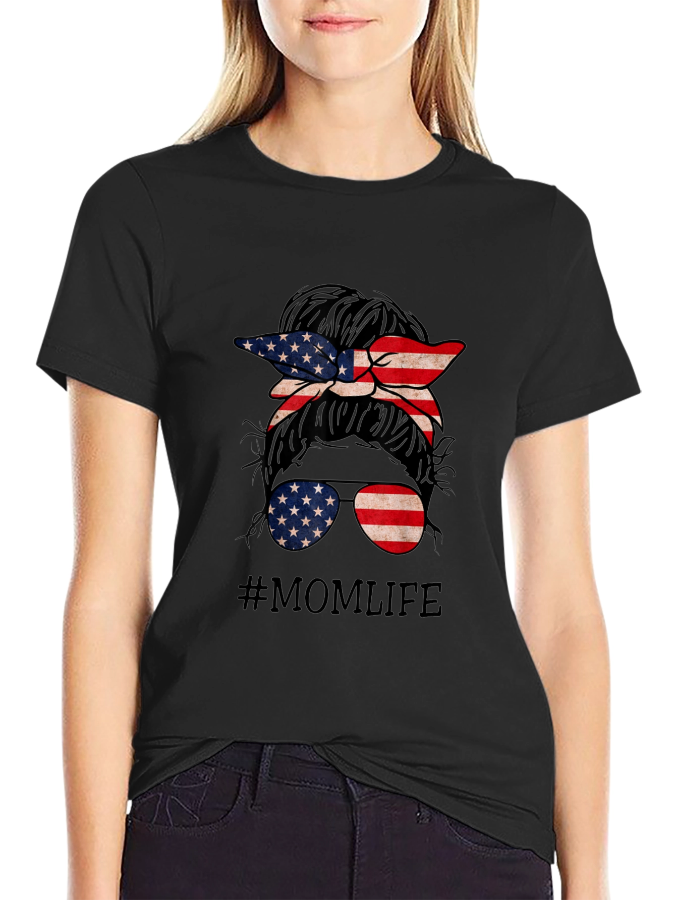 Mom Life American Flag Messy Bun T-Shirt