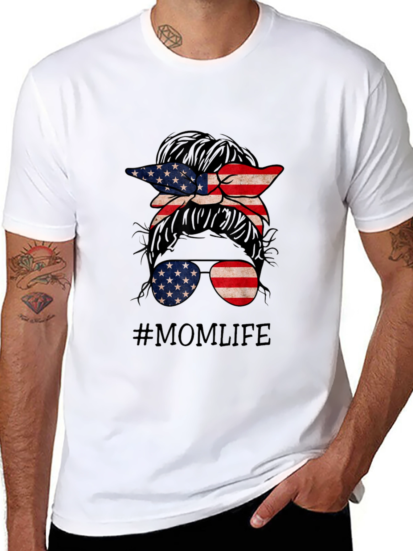 Mom Life American Flag Messy Bun T-Shirt