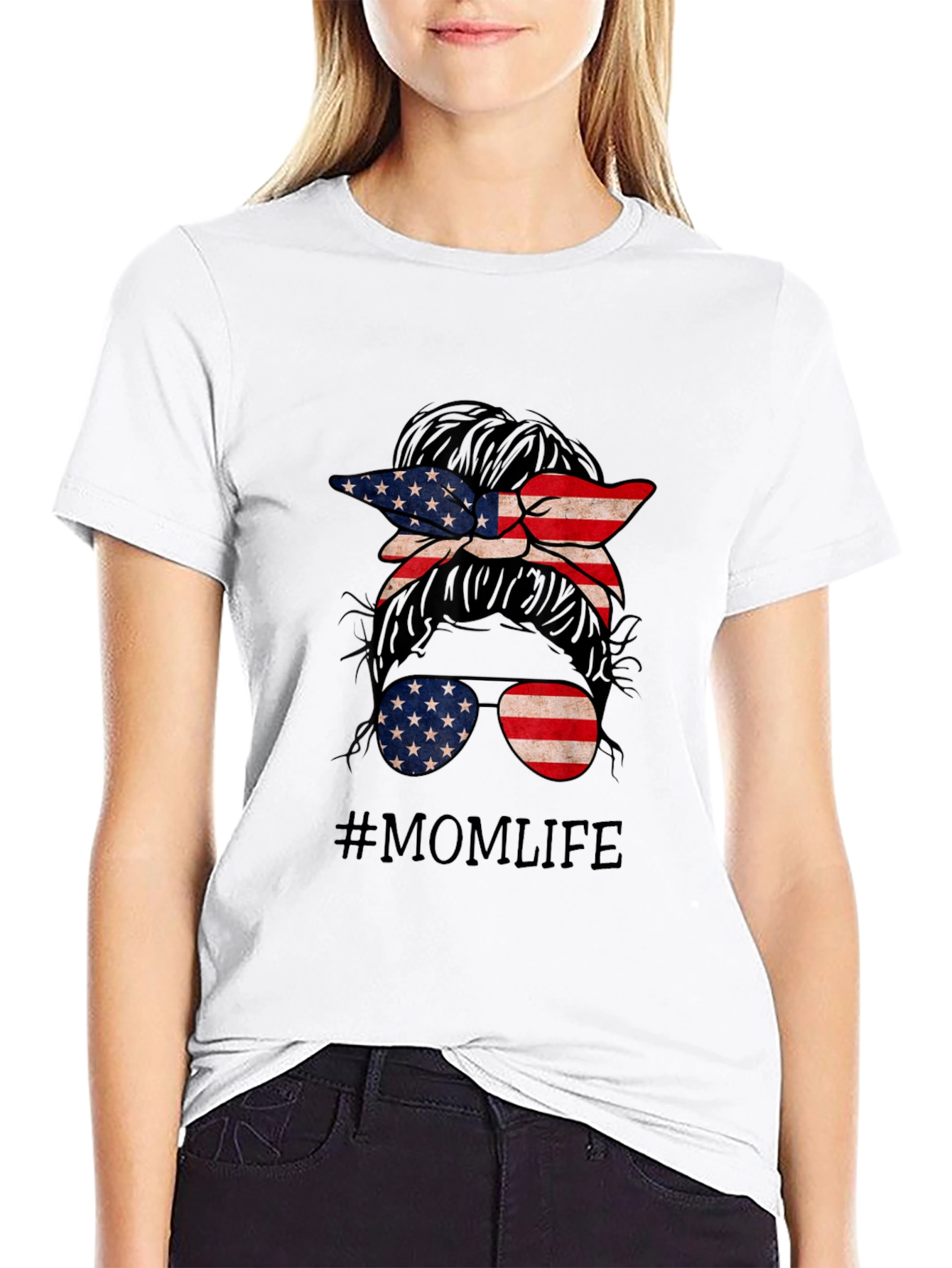 Mom Life American Flag Messy Bun T-Shirt